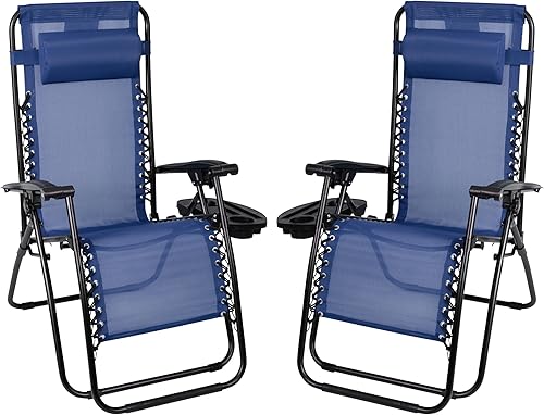 Flash Furniture Celestial - Sillón reclinable de malla plegable ajustable de gravedad cero con almohada y bandeja portavasos, color azul marino,