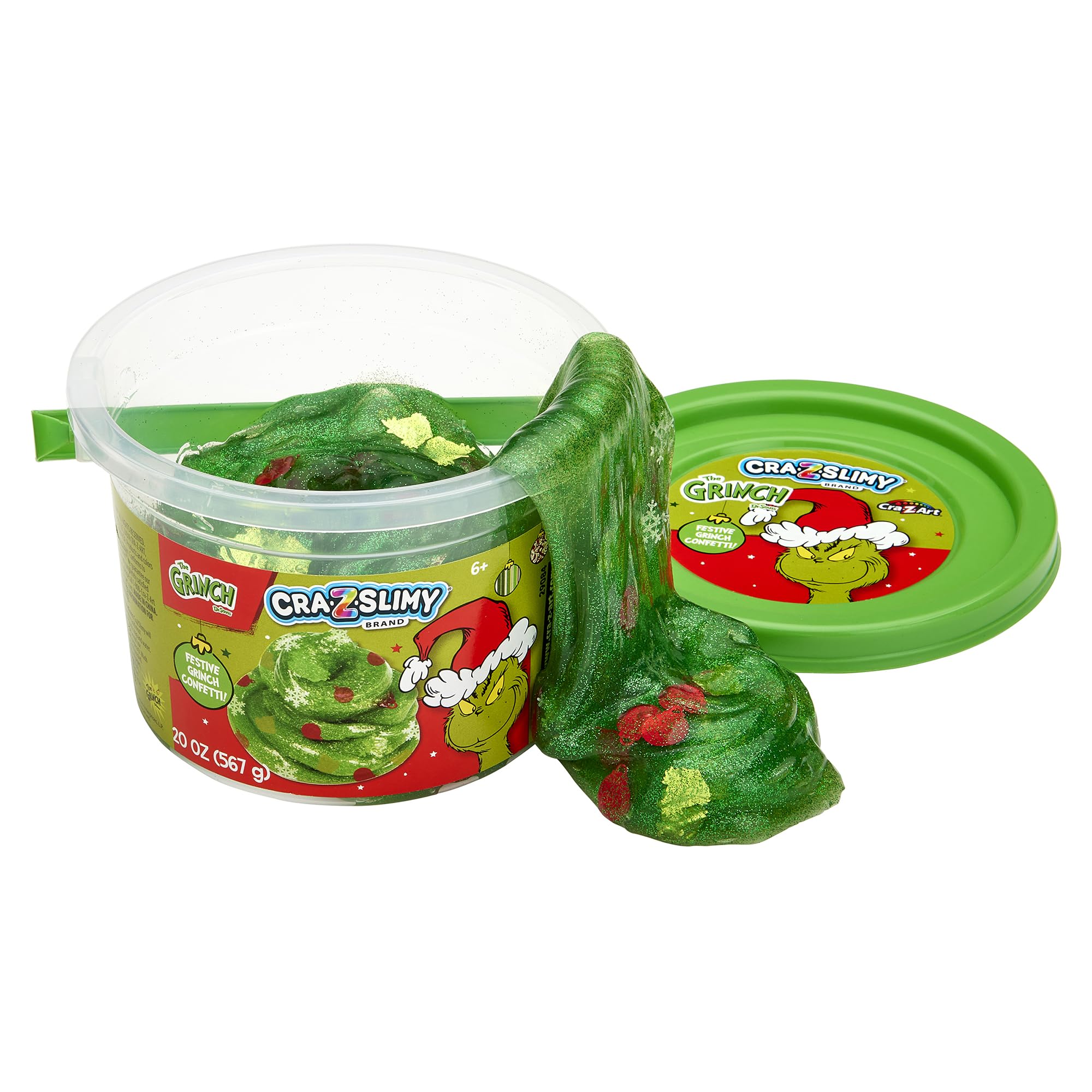 CRA-Z-Slimy The Grinch Green Glitter Slime Tub, 20 oz – Includes Festive Grinch Confetti, Stretchy Holiday Slime for Kids Ages 6+, Sensory Christmas Toy
