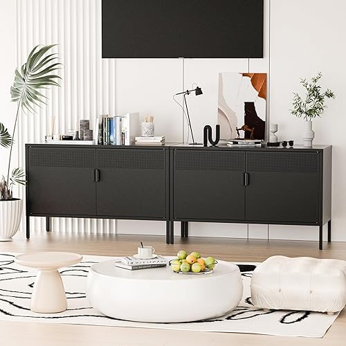 Miniatura 5 de Aparador de almacenamiento de 2 puertas, armario de almacenamiento de metal con 2 estantes ajustables, gabinete de metal multiusos para oficina y