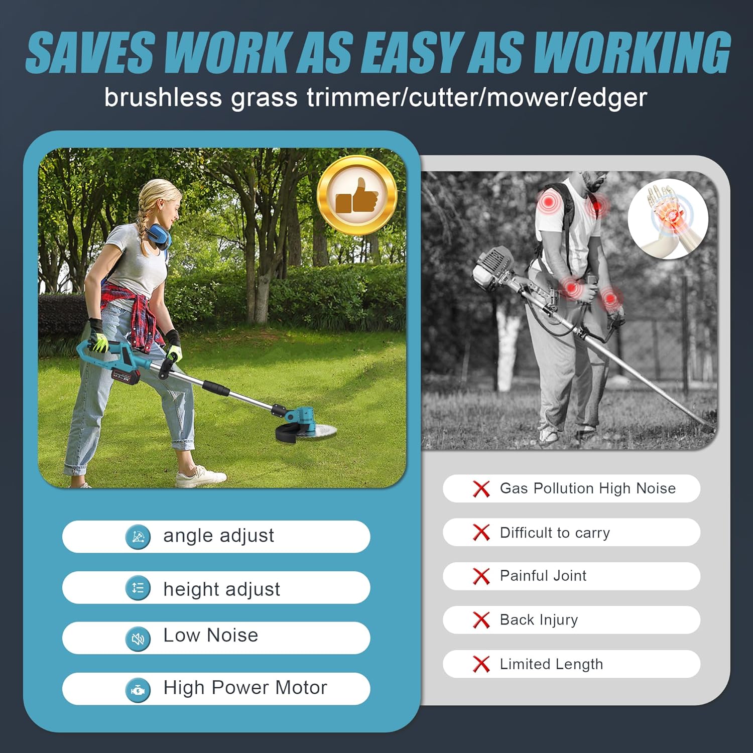 Cordless Weed Wacker, 21V 4.0Ah Electric Weed Eater with 2 Batteries and Charger, 9inch Grass Trimmer Cordless Edge Brush Cutter for Lawn, Yard, Garden
