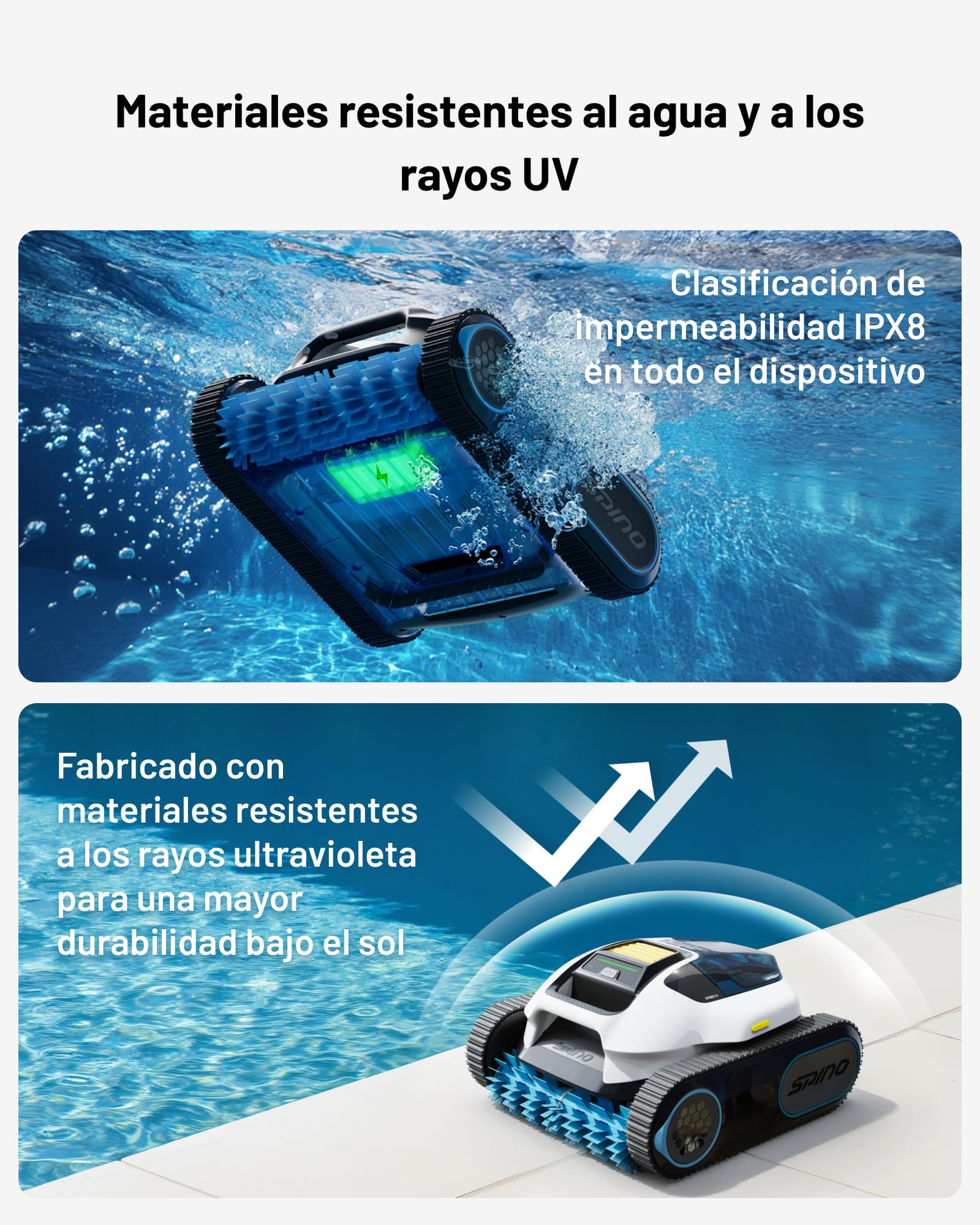 Spino E1 Robot Limpiafondos Auto de Piscina Sin Cable, Autonomía de 210 Mins, 21950 LPH MAX, 5 Modos Robot de Piscina 150㎡, Limpieza de Pared y Línea de Agua, Control por App, Viaje SmartArc