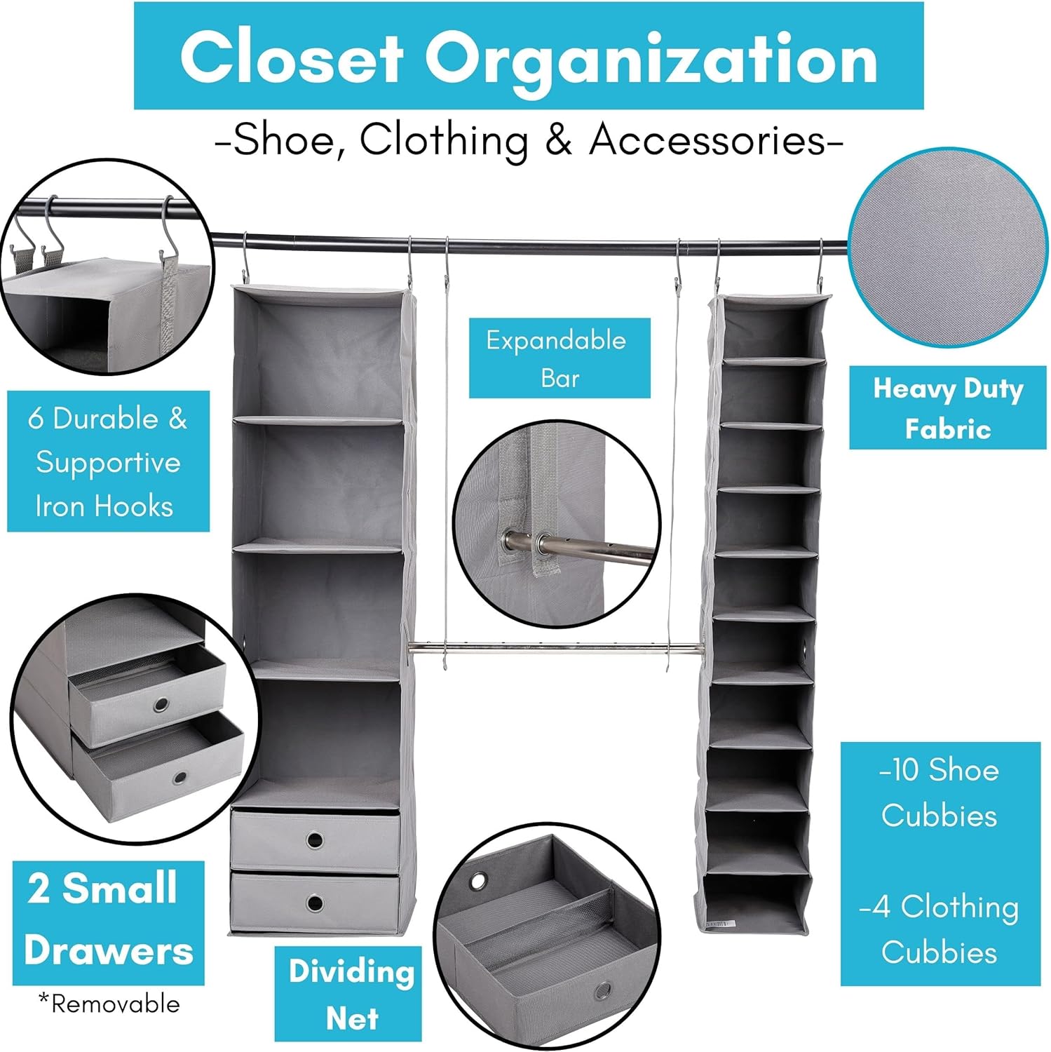 BIRDROCK HOME 5pc Hanging Closet Organizer System with Storage Shelves - Grey - Shoe Clothing Organization - Great for College Dorms or Kid Bedrooms Nursery