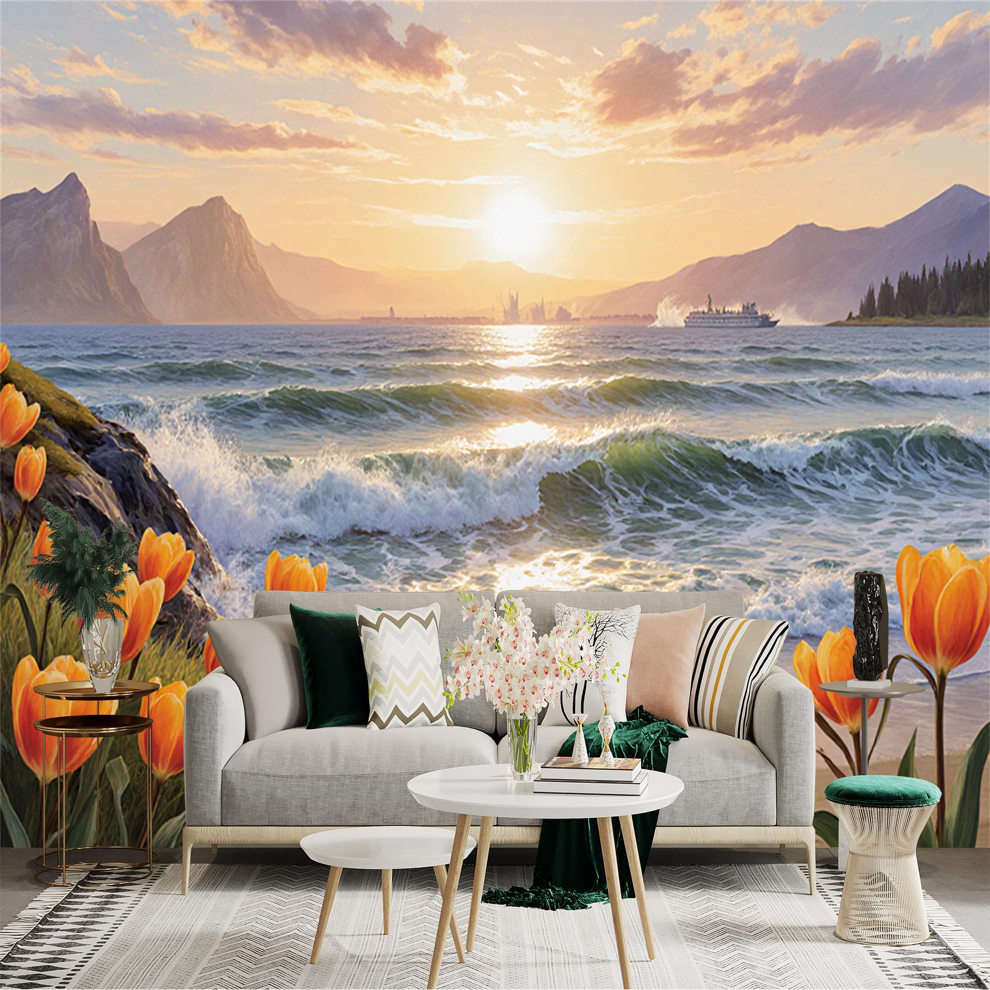 Lnzczhyre Xc260505215 Custom Size Wall Sticker Mural， Orange Tulips On Sandy Beach， Ocean Waves At Sunset， Distant Mountains And Cruise Ship， For Wall Decoration， Peelandstick Wall Decals.