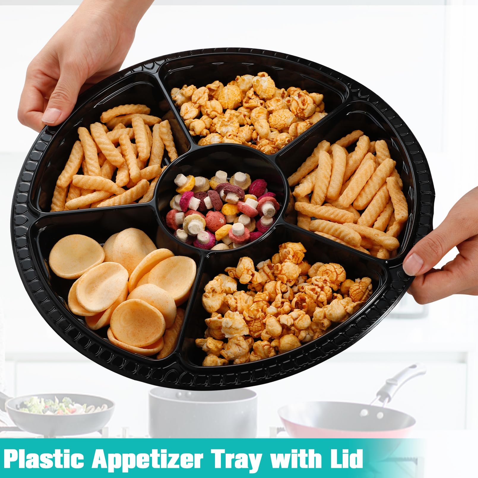 30 vassoi antipasti con coperchio, contenitore per alimenti con 6 scomparti divisi, vassoi robusti per verdure, frutta, snack rotondi, per antipasti, buffet, nero
