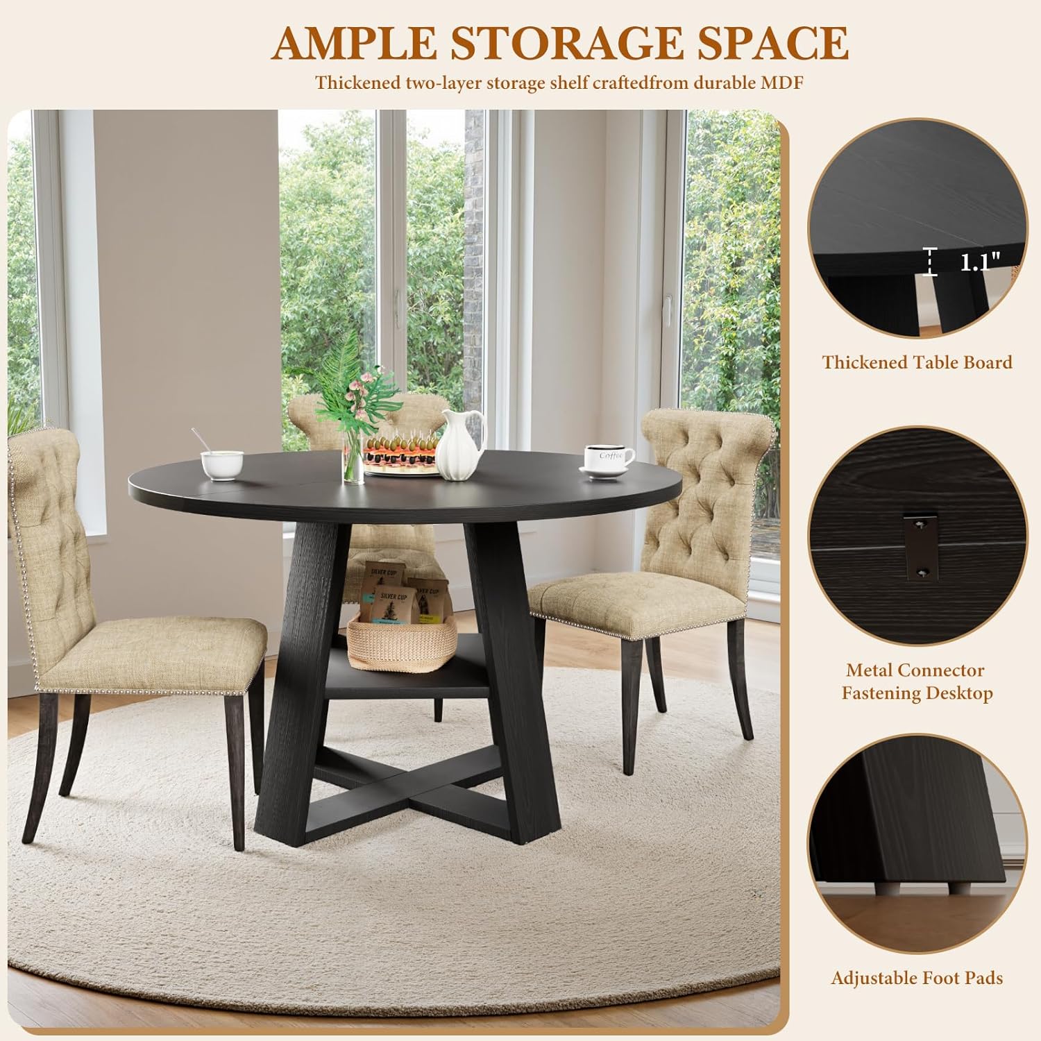 43 Inch Round Dining Table for 4, Circle Kitchen Tables with Wooden Pedestal Base, Round Kitchen Table for Dining Room, Kitchens, Living Room