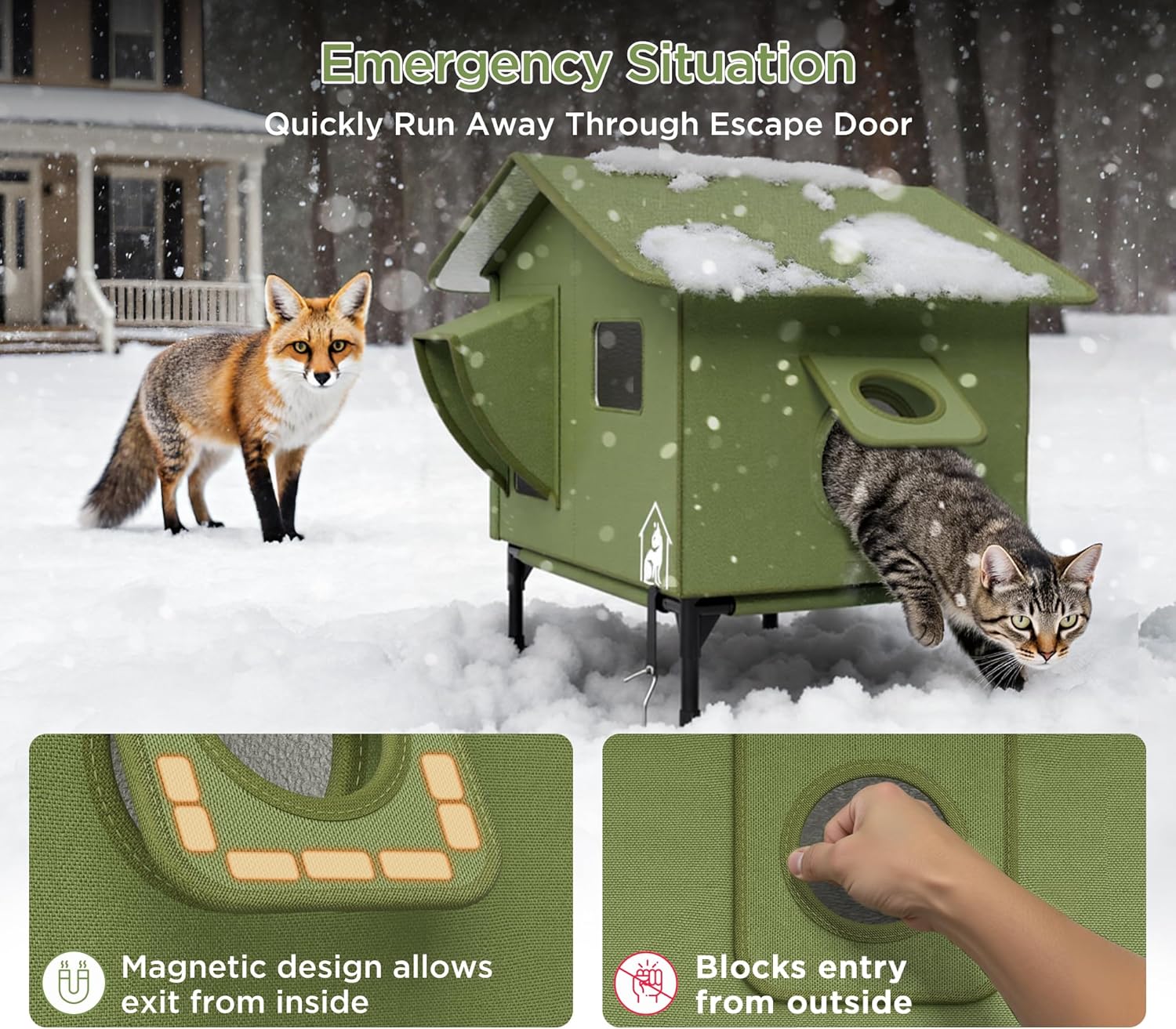 Outdoor Heated Cat House with Feeding Station – Waterproof Insulated Shelter for Feral Cats, Dual-Chamber Winter Cat House with Removable Heating Pad, Dual Feed Holes & Escape Door – Green