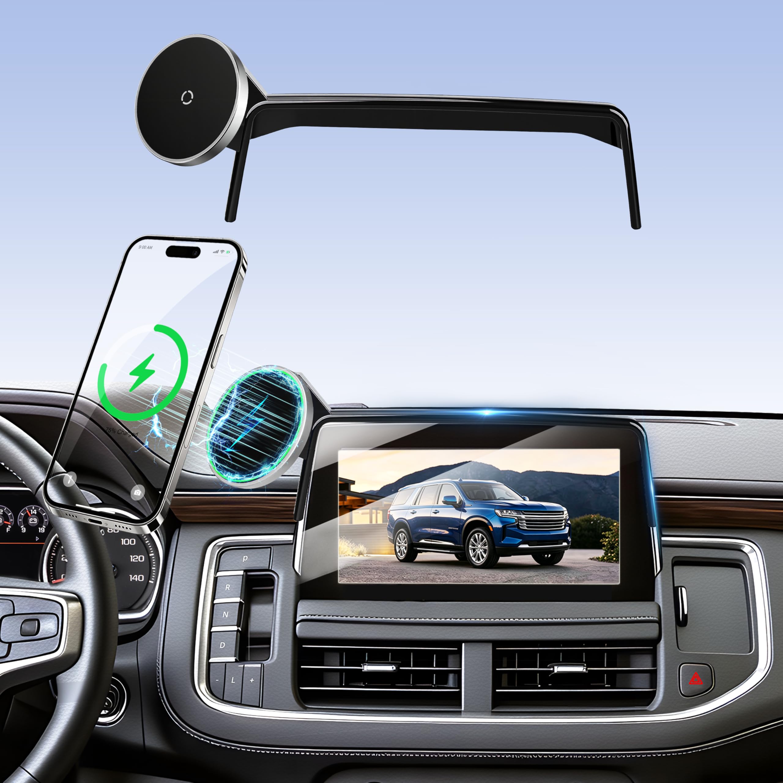 Wireless Car Charger for Chevy Suburban (2021-2023 2024, 10.2 Inch) / Tahoe/GMC Yukon/Yukon XL, iPhone Magnetic Car Mount, 15W Magsafe Phone Holder for Samsung &amp; Google, 2022 Car Accessories