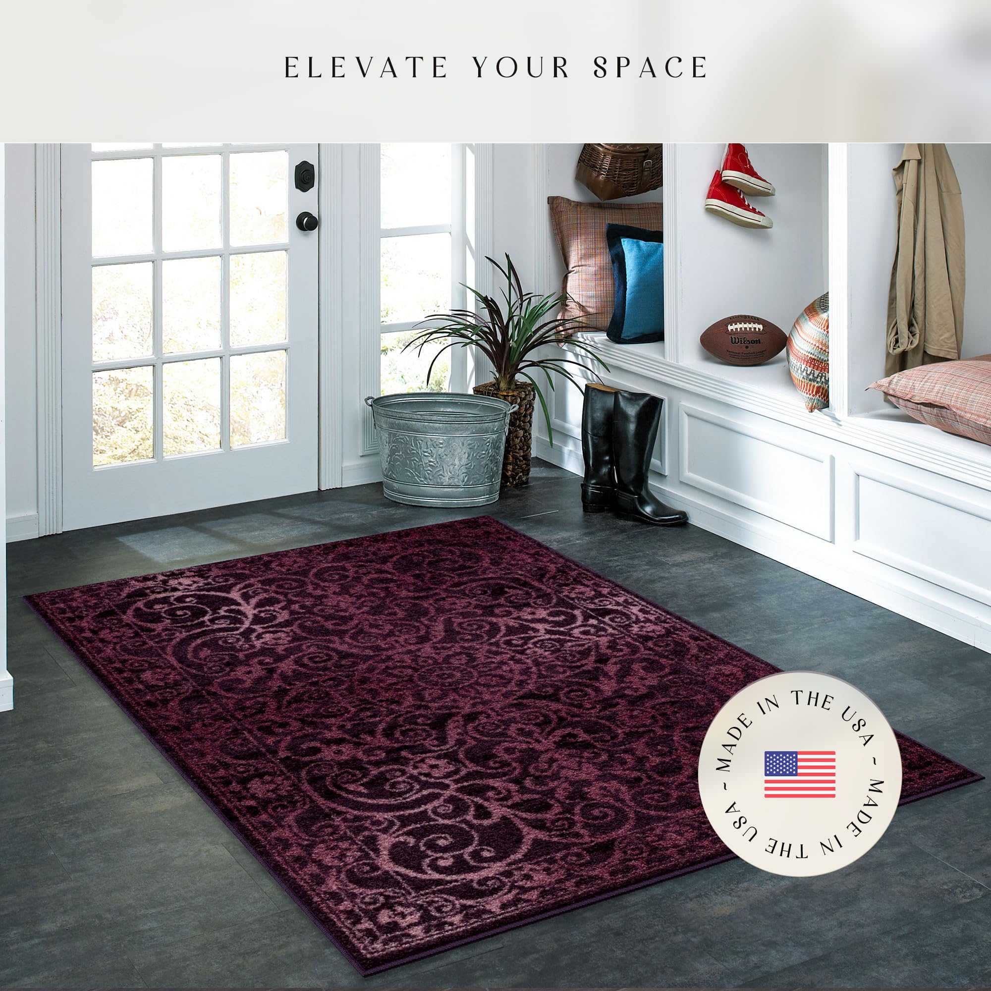 Maples Rugs Pelham Vintage Medallion Area Rugs - Made in USA - Low Pile, Non Slip, Pet-Friendly Mat for Bedroom, Office, Living & Dining Room, 5' x 7', Wineberry: Wineberry 3'4" x 5' (Rectangular)