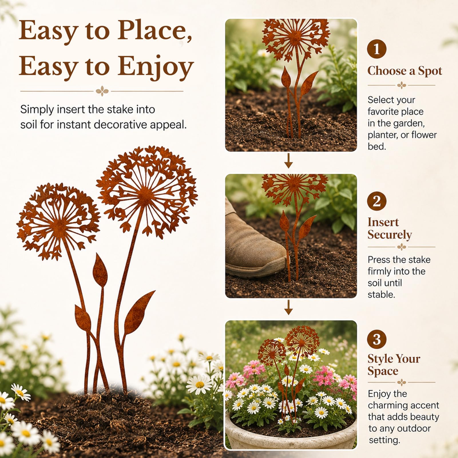 Juego de estacas de jardín de Metal Oxidado, estacas Decorativas de Diente de león, estacas de Flores de Primavera, decoración de jardín Exterior Resistente a la Intemperie