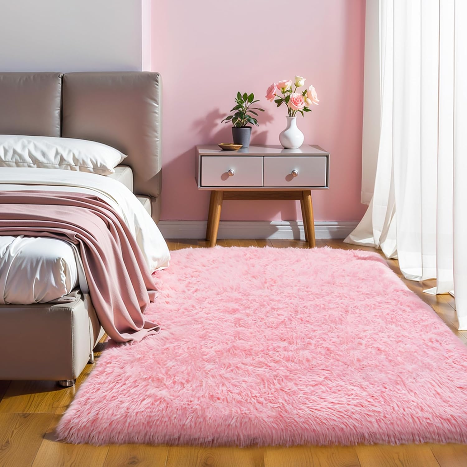 Thick Area Rug 4x6 Pink Fluffy Shag – Ultra Soft Thickened Plush Washable Carpet, Non-Slip Fuzzy Shaggy Rug for Girls Bedroom, Kids’ Room, Nursery, Baby, Dorm, Living Room Cozy Décor