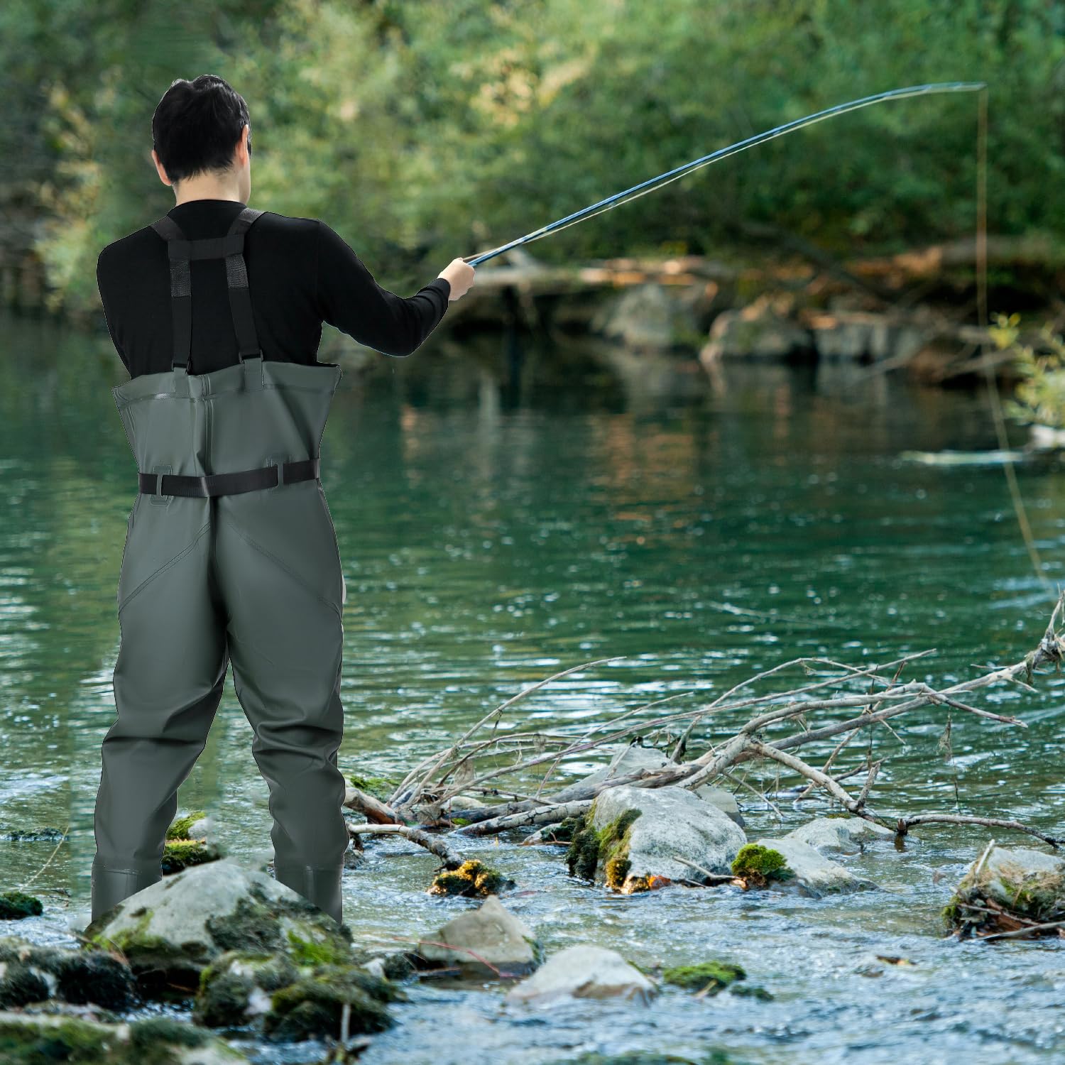 QWORK® Wathose Herren Damen, Wasserdichte, Atmungsaktive Teich-Wathose Mit Stiefeln, Zum Angeln, Jagen Und In Der Landwirtschaft