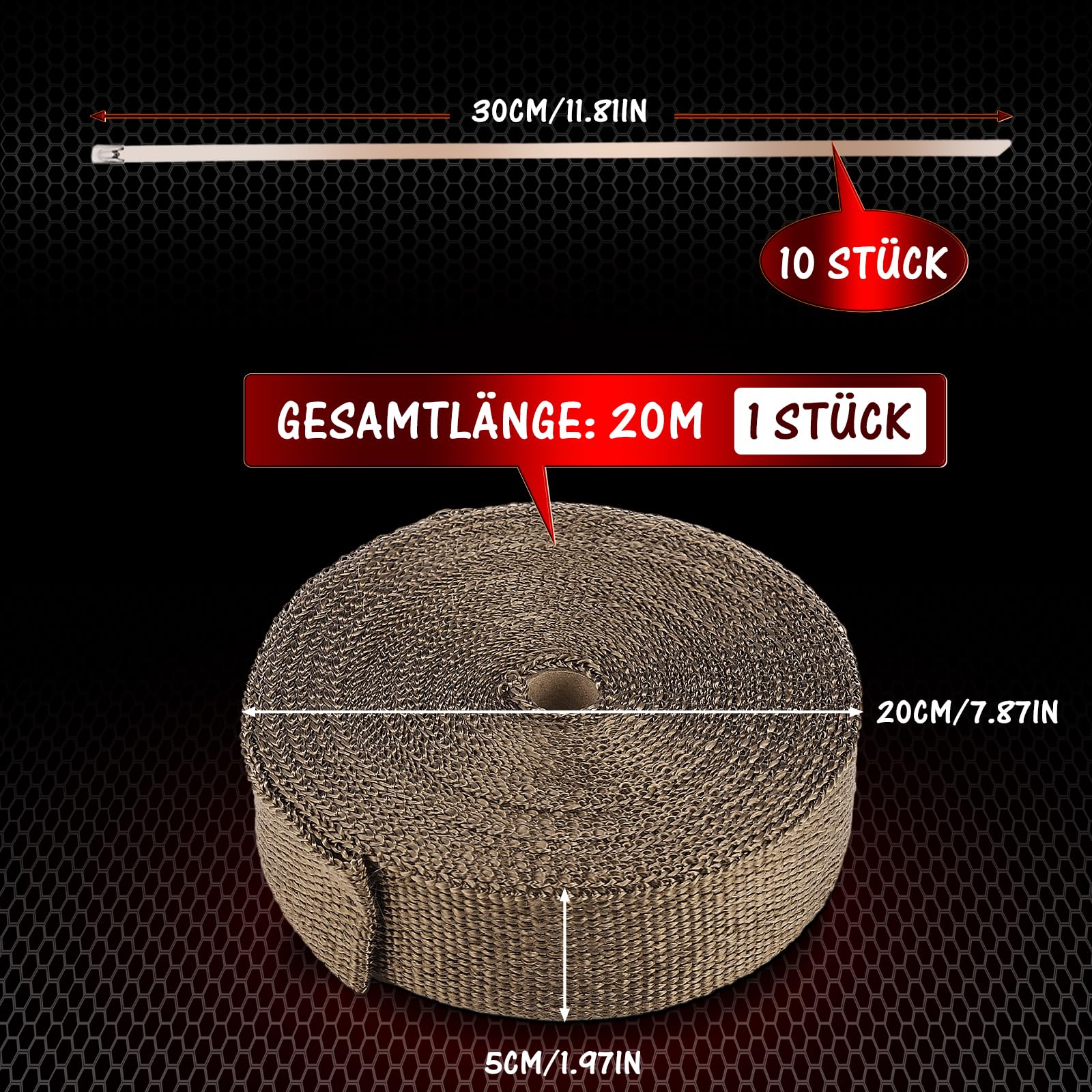 20M*5CM Hitzeschutzband Basaltfaser mit 10 Kabelbinder Edelstahl, Hitzeschutzband Auspuff für Fächerkrümmer Thermoband Krümmerband Auto Motorrad Auspuff (Titanium)