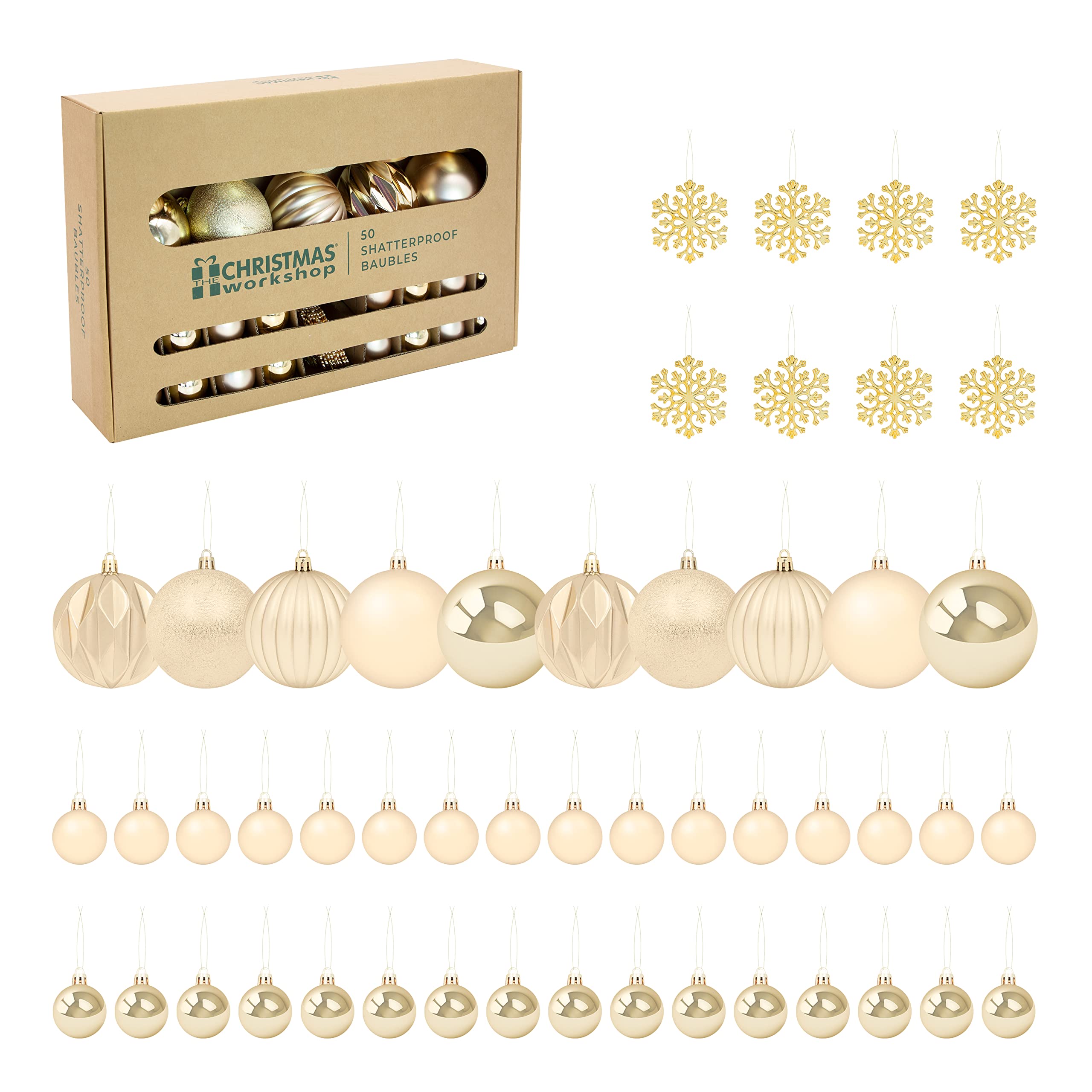 The Christmas Workshop Champagne Set Of 50 Shatterproof Textured Baubles/Elegant Festive Designs/Christmas Tree Decorations With Hanging String/Various Sizes And Styles (Champagne)