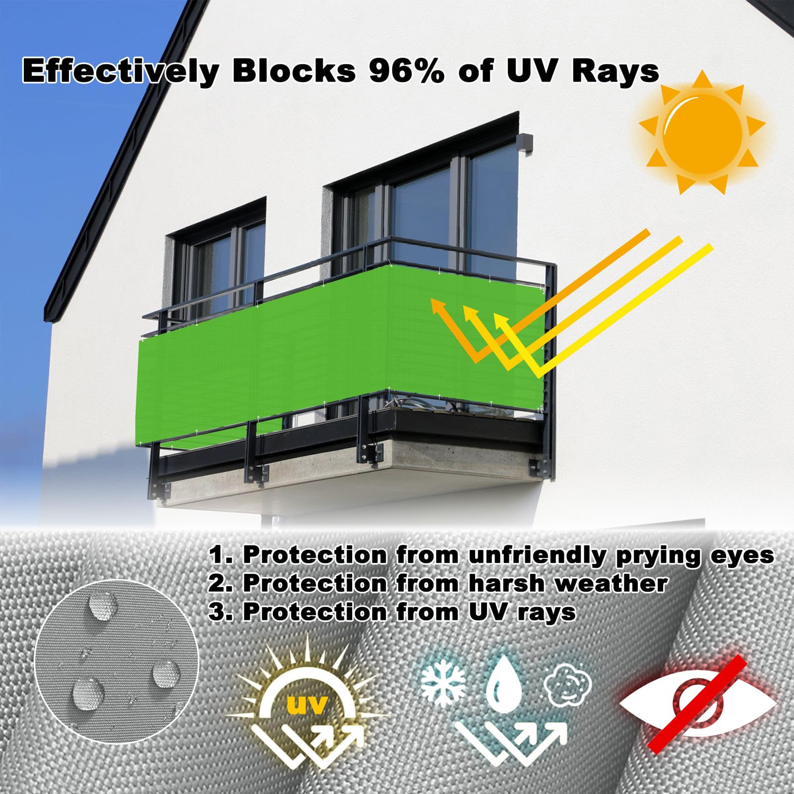 Recinzione per balcone, 4 x 4 m, in resina UV, visibile, senza fori, con fascette stringicavo, per ringhiere, colore verde