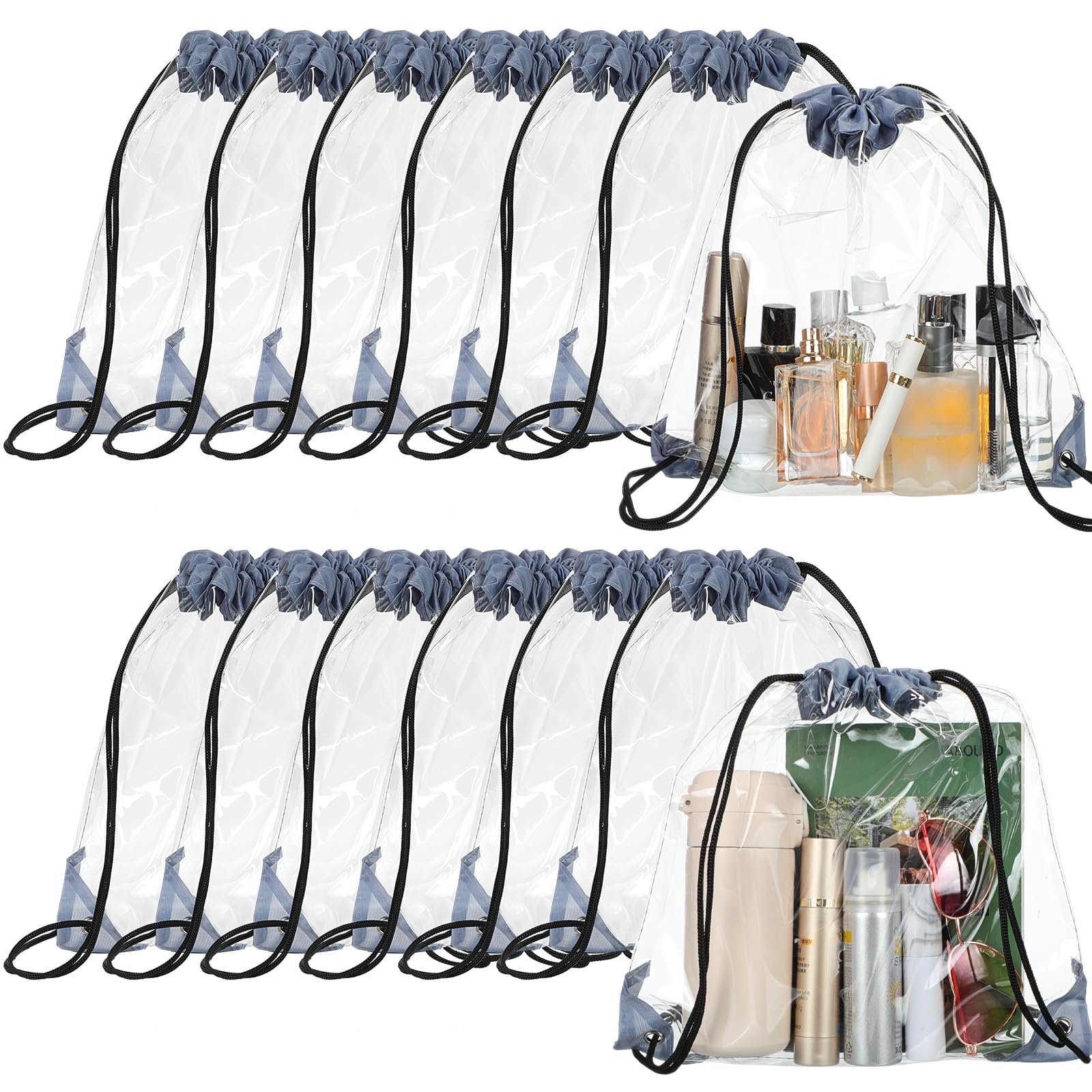 Shappy 30 Pcs Clear Drawstring Backpack, Plastic Waterproof Transparent Stadium Bags String Bag for Gym Travel (Gray)