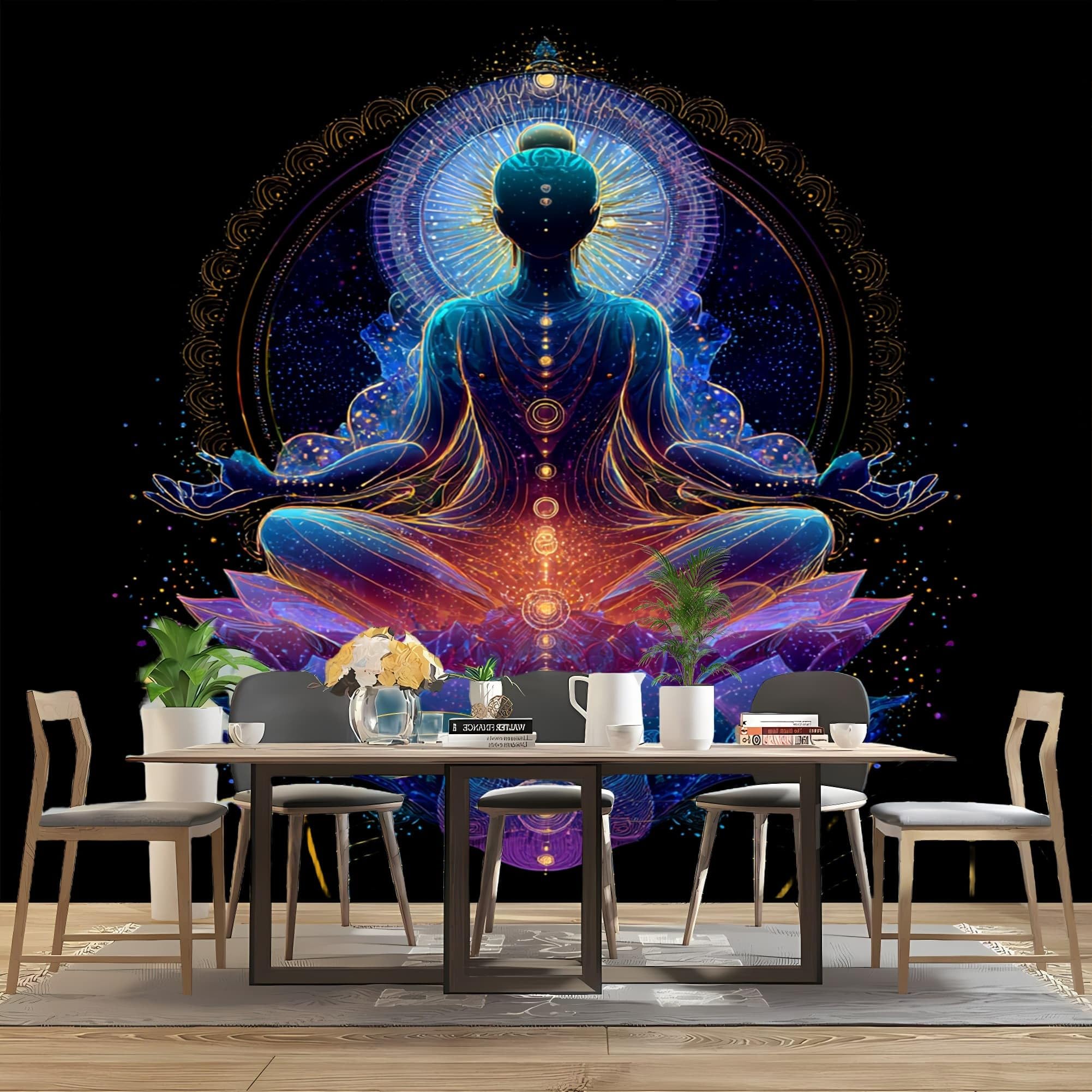 Carta Da Parati Fotografica 3d Effetto Carattere Runico Della Meditazione Moderna Design Carta per Pareti Soggiorno Camera Da Letto Sala Blu Viola Fotomurali In Tessuto Non Tessuto TNT 250x175 cm