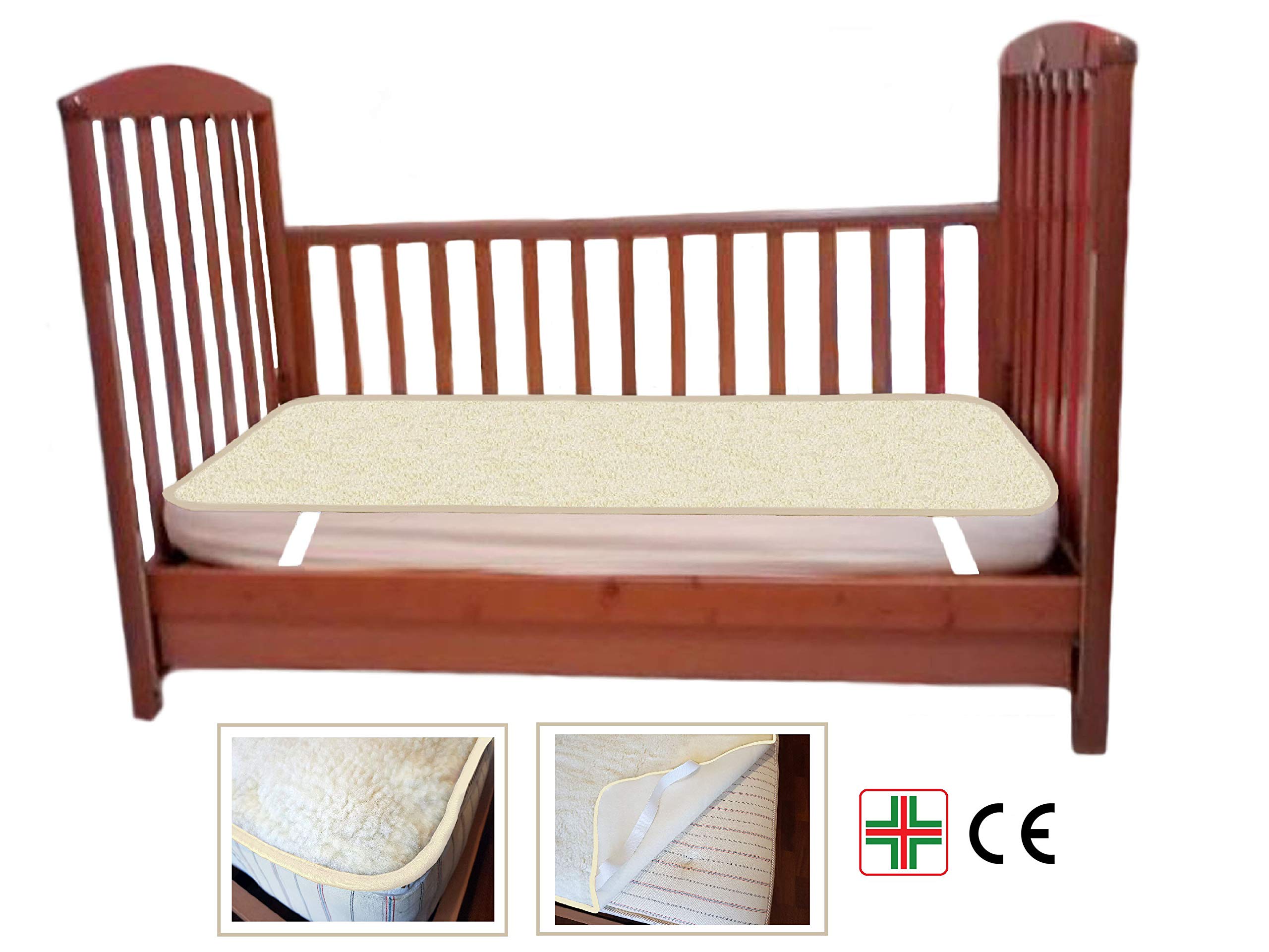 Vetrina del Benessere COPRIMATERASSO IN 100% PURA LANA MERINOS -Lettino, circa cm. 65 x 125- Con Elastici agli Angoli, Interamente Bordato