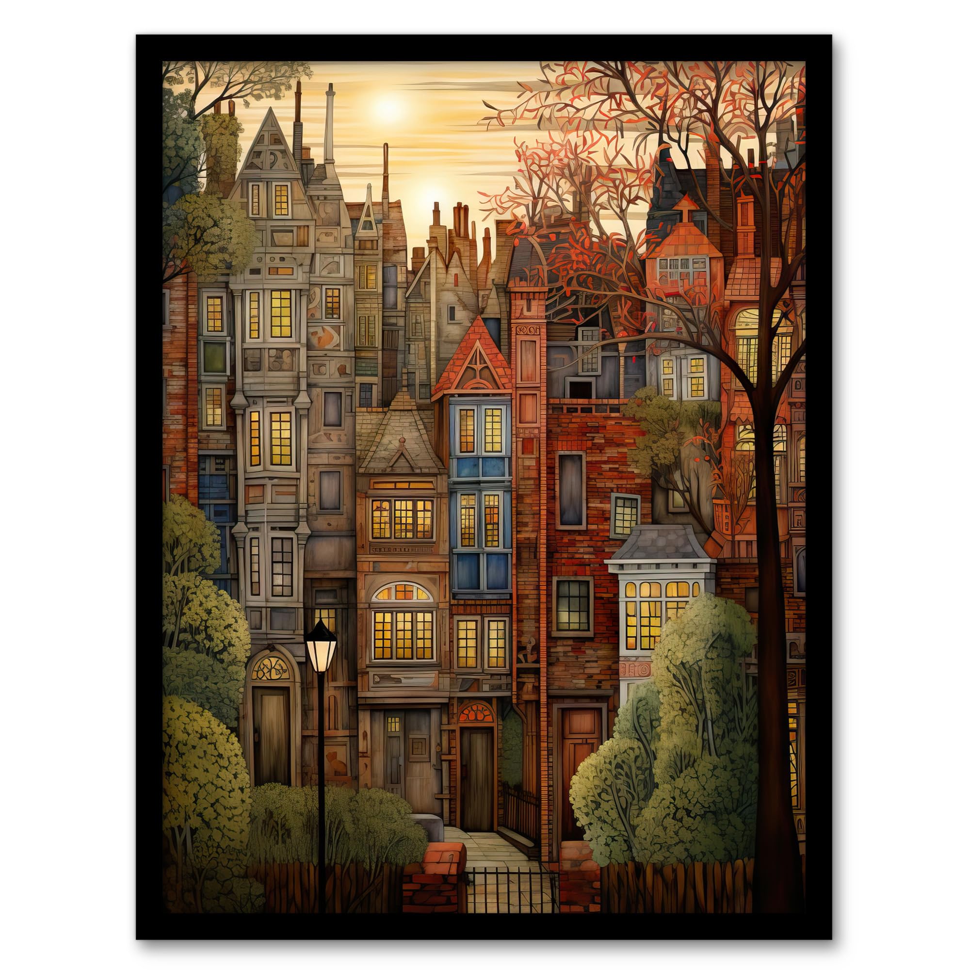 Artery8 Sunset Geometric Soft Cityscape In Autumn Architecture Artwork Framed Wall Art Print 18X24 Inch