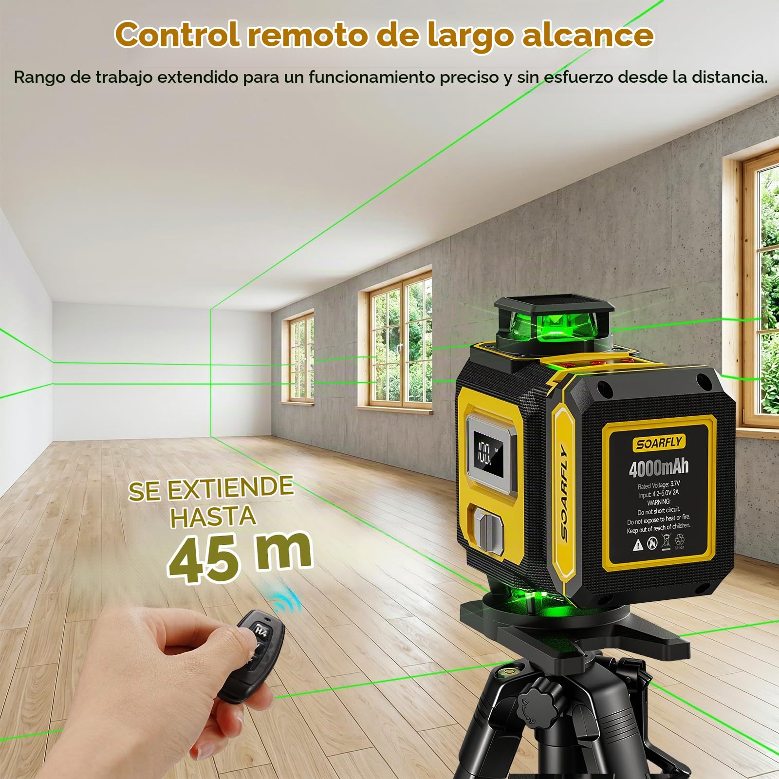 SOARFLY Nivel Láser 4D con Trípode, Nivel Láser Verde Autonivelante Cruzado 4×360°, 2 Baterías de 4000mAh, Control Remoto, Soporte Magnético, para Azulejos, Construcción y Reformas del Hogar