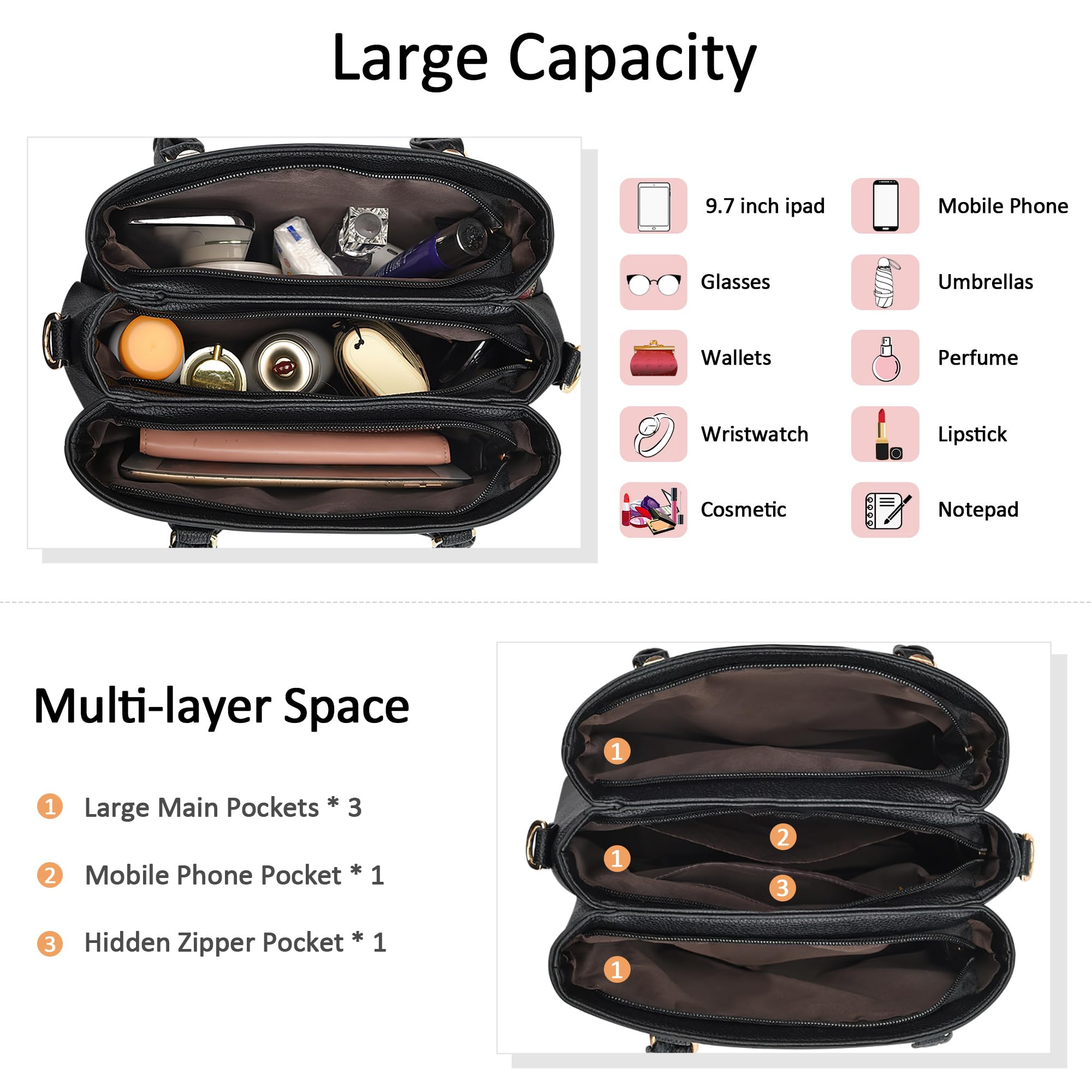 Moda Bolso de Señoras Mediana PU Cuero Bolso de Mano Tote Cruzados con Bolsillos Múltiples Bolsa de Hombro para Trabajo Escuela Viajes Casual Compras Bolsos de Mujer Caqui
