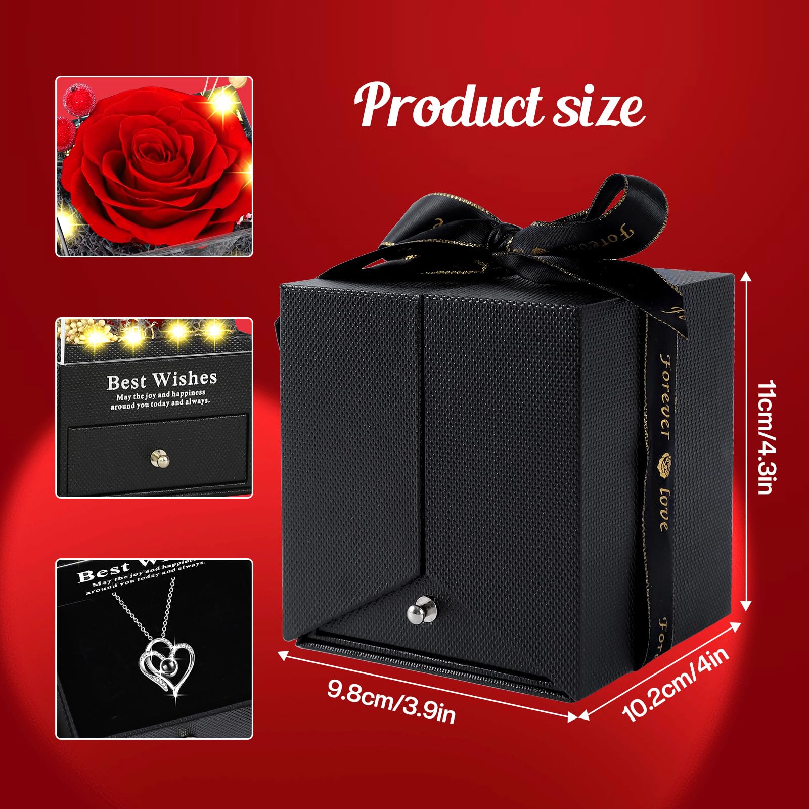 Pasuvsigt Mothers Day Mom Birthday Gifts for Women, Preserved Real Rose with I Love You Heart 100-Language Necklace, LED Lights & Music Box, Anniversary for Women Girlfriend Mom