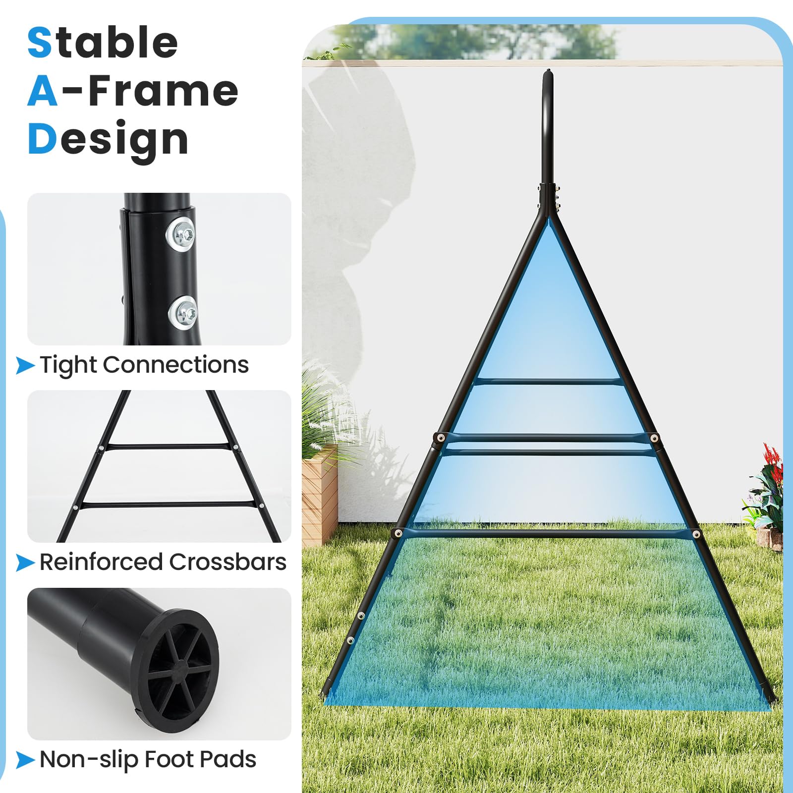Tangkula Struttura a dondolo in metallo, supporto per dondolo con barre laterali extra, design a 3 anelli, telaio ad A resistente, telaio ad A, per esterni, prato, giardino, cortile