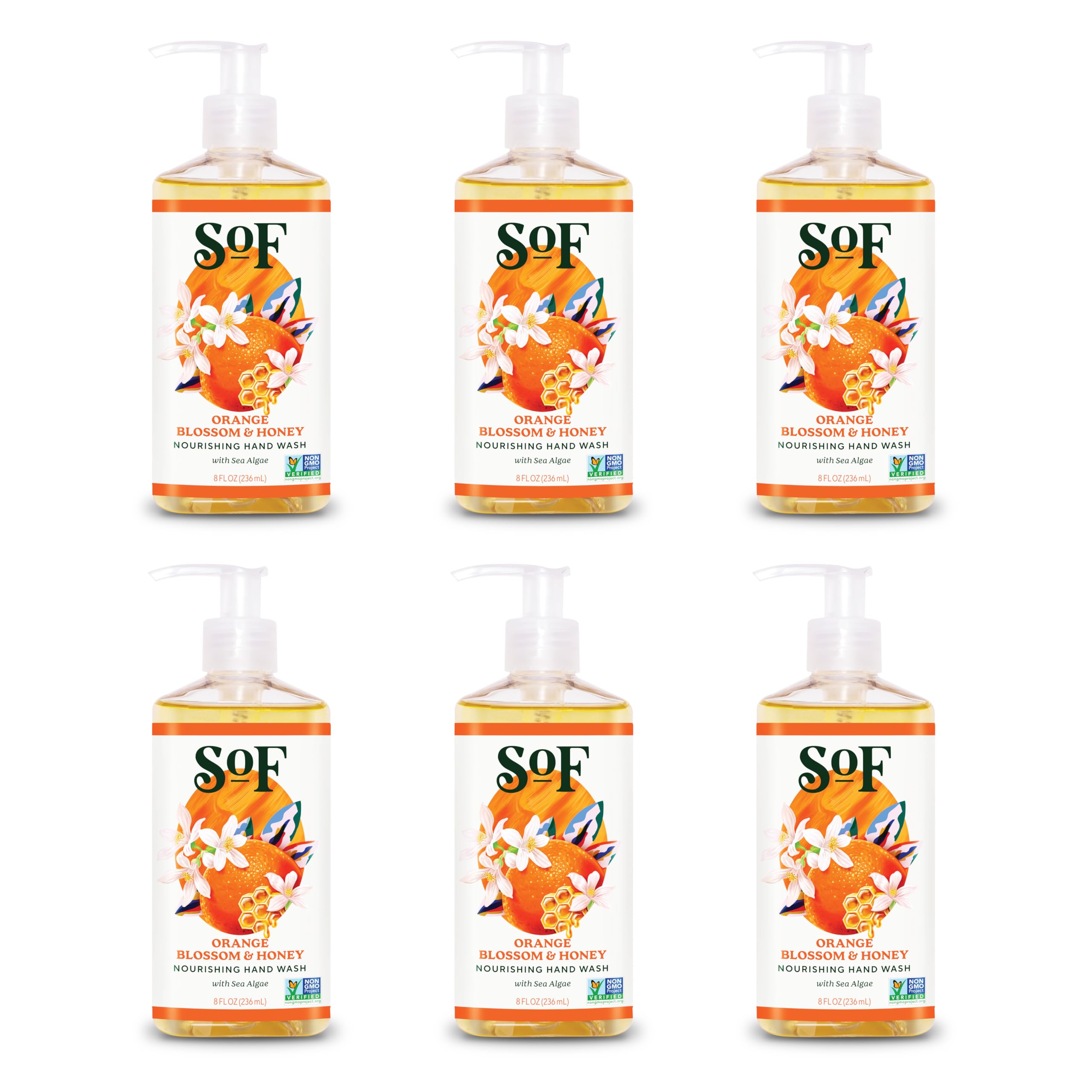 SoF Nourishing Hand Wash - With Moisturizing Sea Algae, Coconut & Olive Oil- Vegan & Non GMO- Free From Phthalates, Sulfates & Parabens- Orange