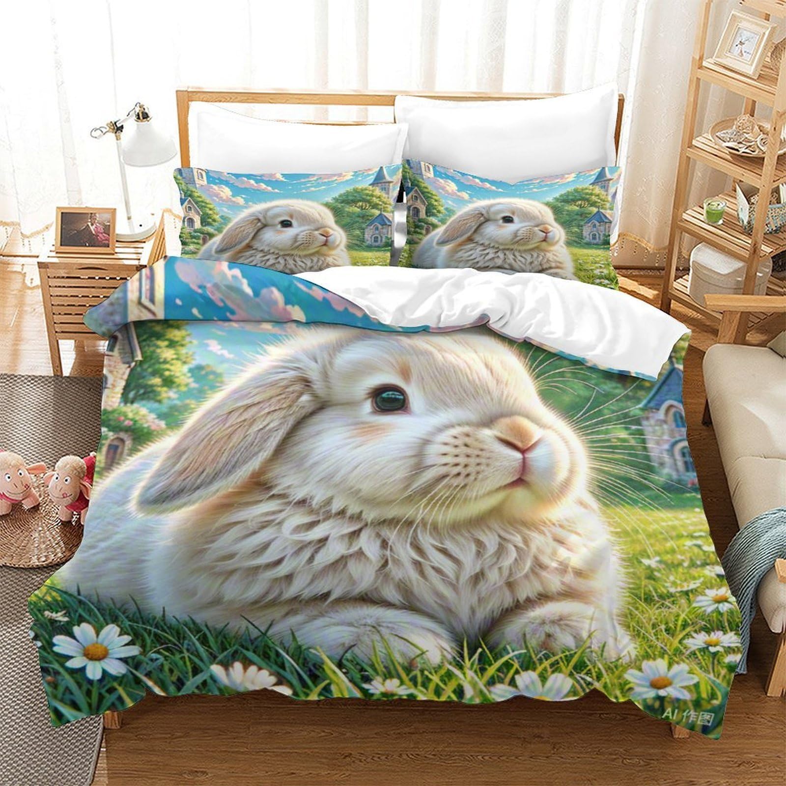 Parure de lit motif lapin 3D haute définition en microfibre premium avec taie d'oreiller
