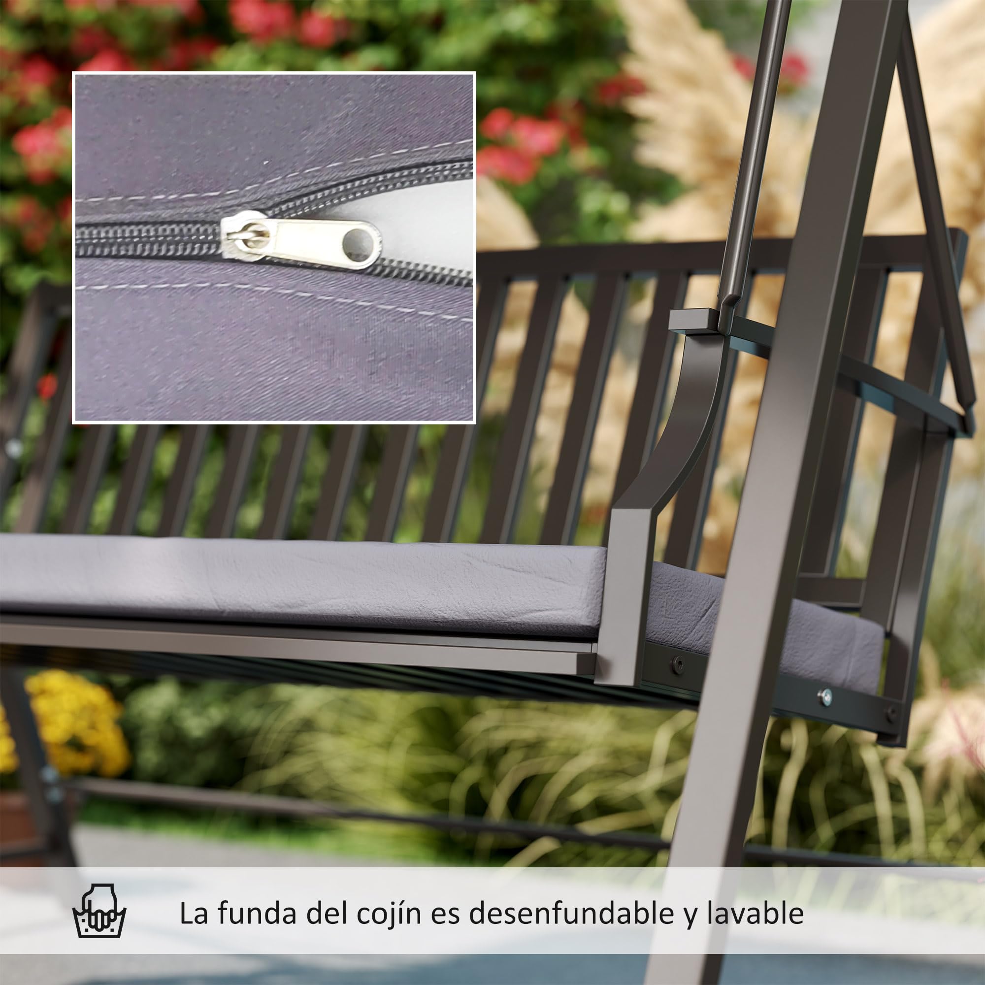 Outsunny Columpio de Jardín Exterior de 3 Plazas Balancín de Jardín Exterior con Toldo Ajustable Cojín y Estructura de Acero Carga 360 kg 205x133x181 cm Gris