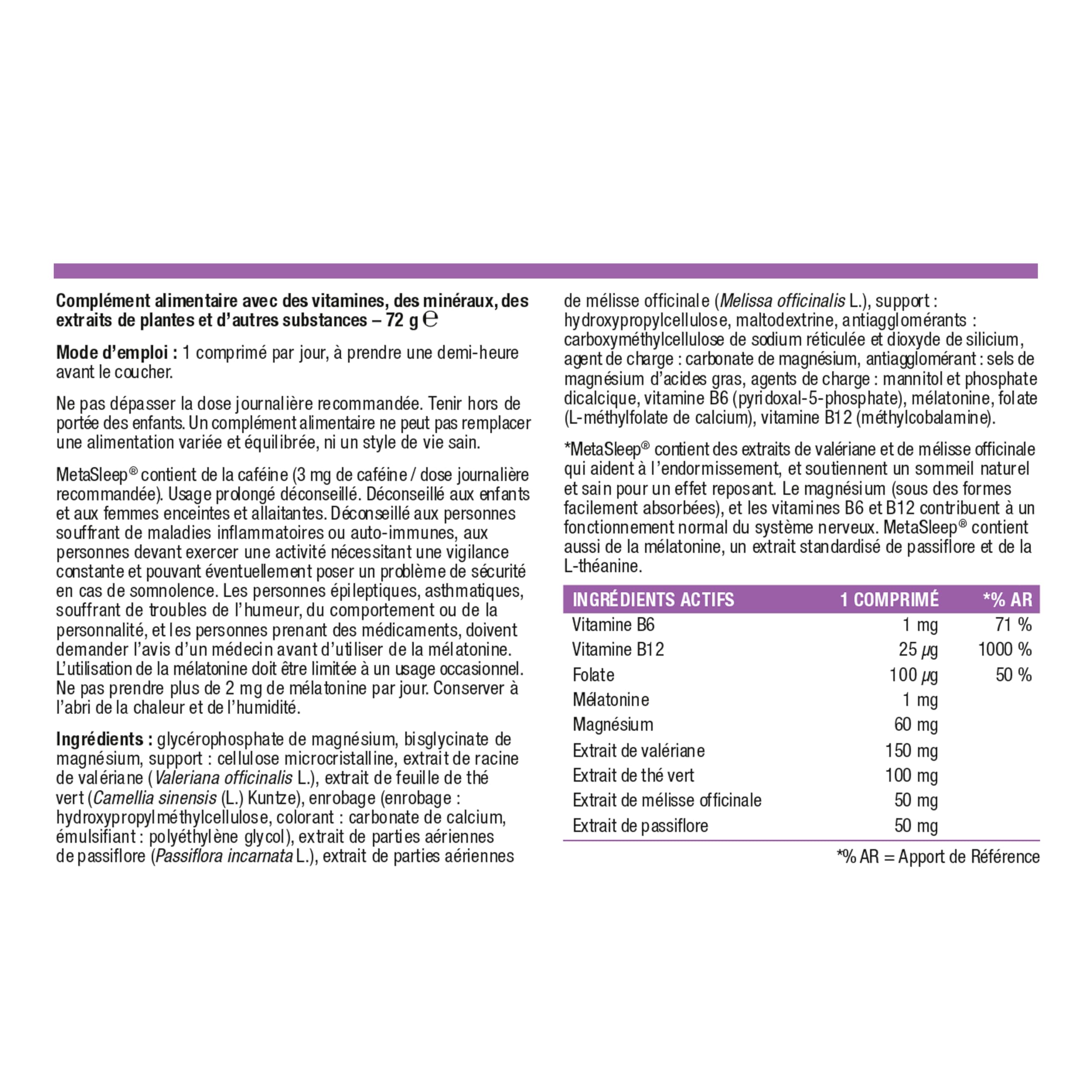 Metagenics MetaSleep - Complément Alimentaire Mélatonine 1 mg, Valériane, Mélisse, Magnésium, Vitamines B6 & B12 - Sommeil Réparateur & Relaxation - Végan - 60 Comprimés