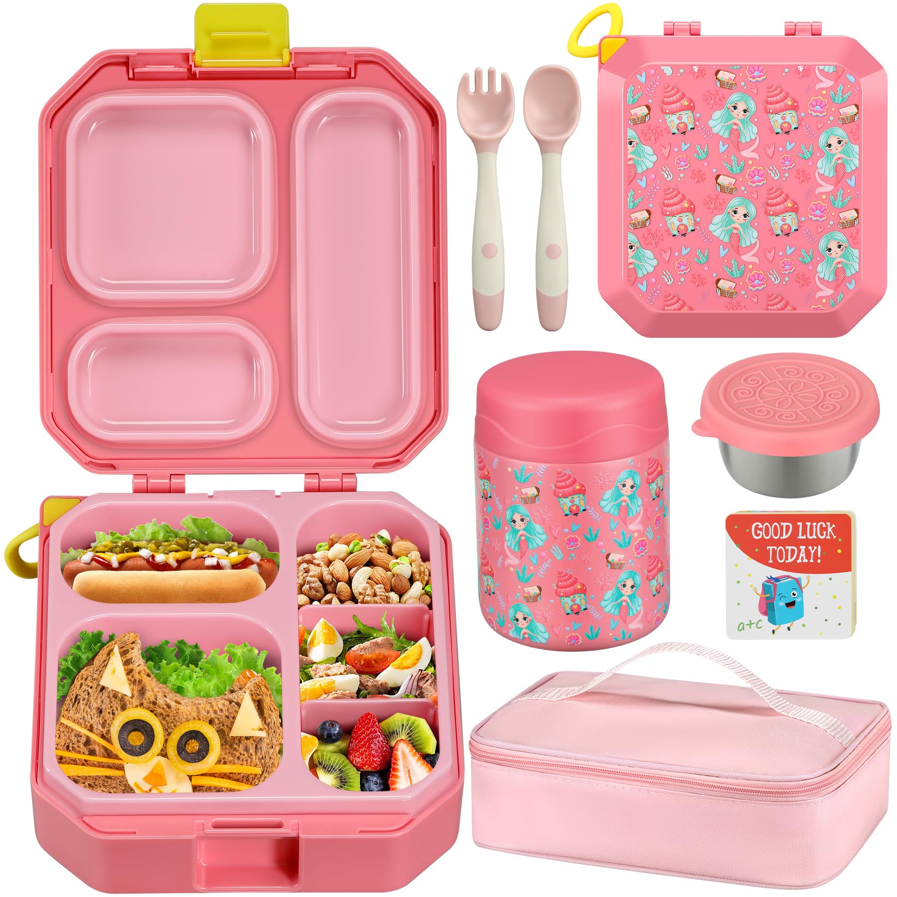 ItslifeBento Lunch Box Set for Kids with 12oz Soup Thermo&Lunch Bag, Leak-Proof Lunch Food Containers for Kids School, 5 Compartment, Sauce Cup, 10 Notes (Mermaids Pink)