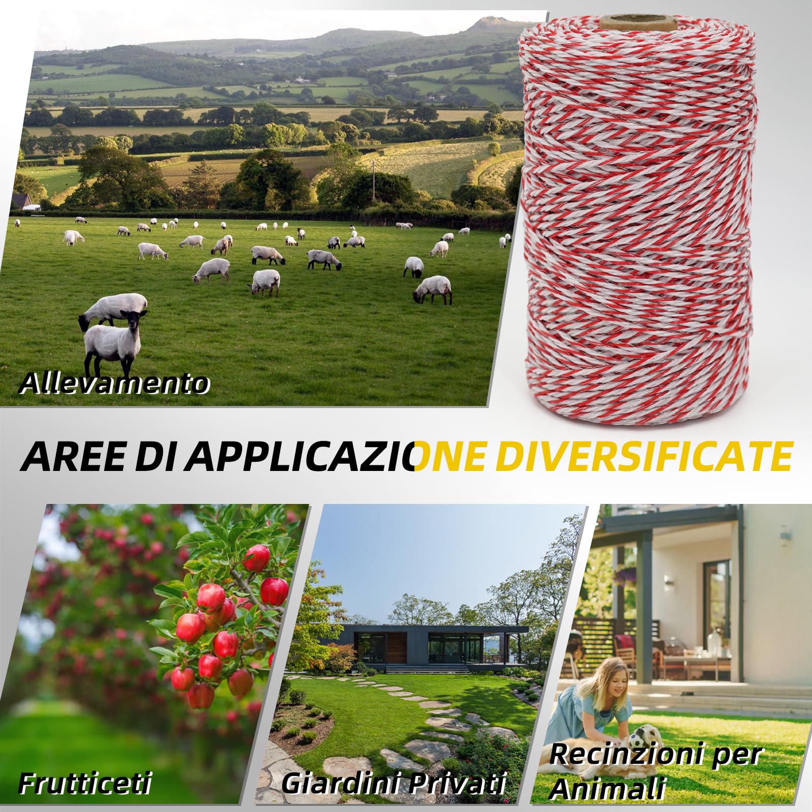 Kit conduttivo di rete per recinzione, versione migliorata, filo di acciaio a 6 fili, filo di recinzione elettrica, con 50 isolatori e strumento di installazione con 1 chiave isolante, adatto