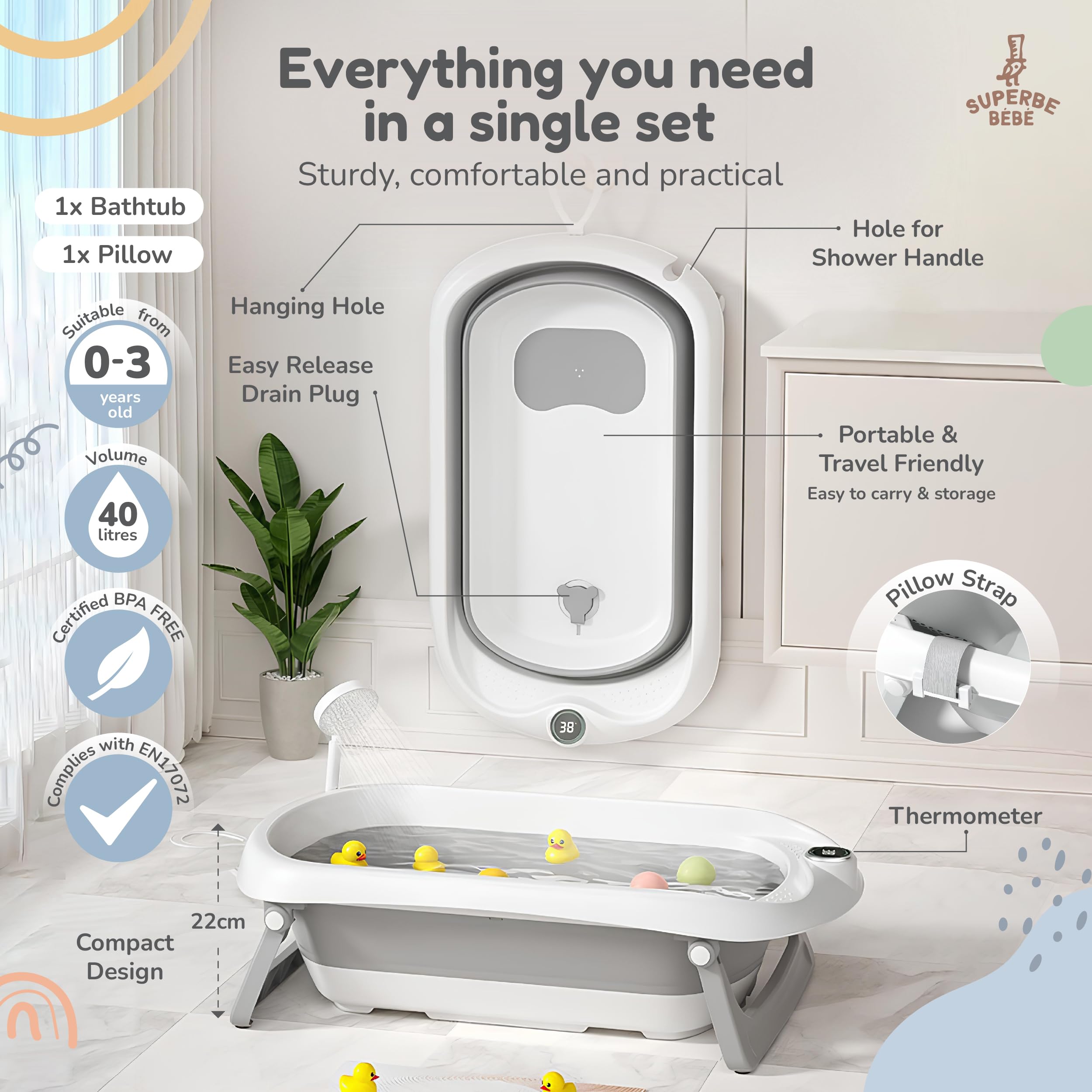 Bagnetto per bambini pieghevole con cuscino da bagno/Vaschetta bagno neonato XL con termometro per il controllo della temperatura dell'acqua/Dalla nascita ai 2 anni / 5 palline di plastica