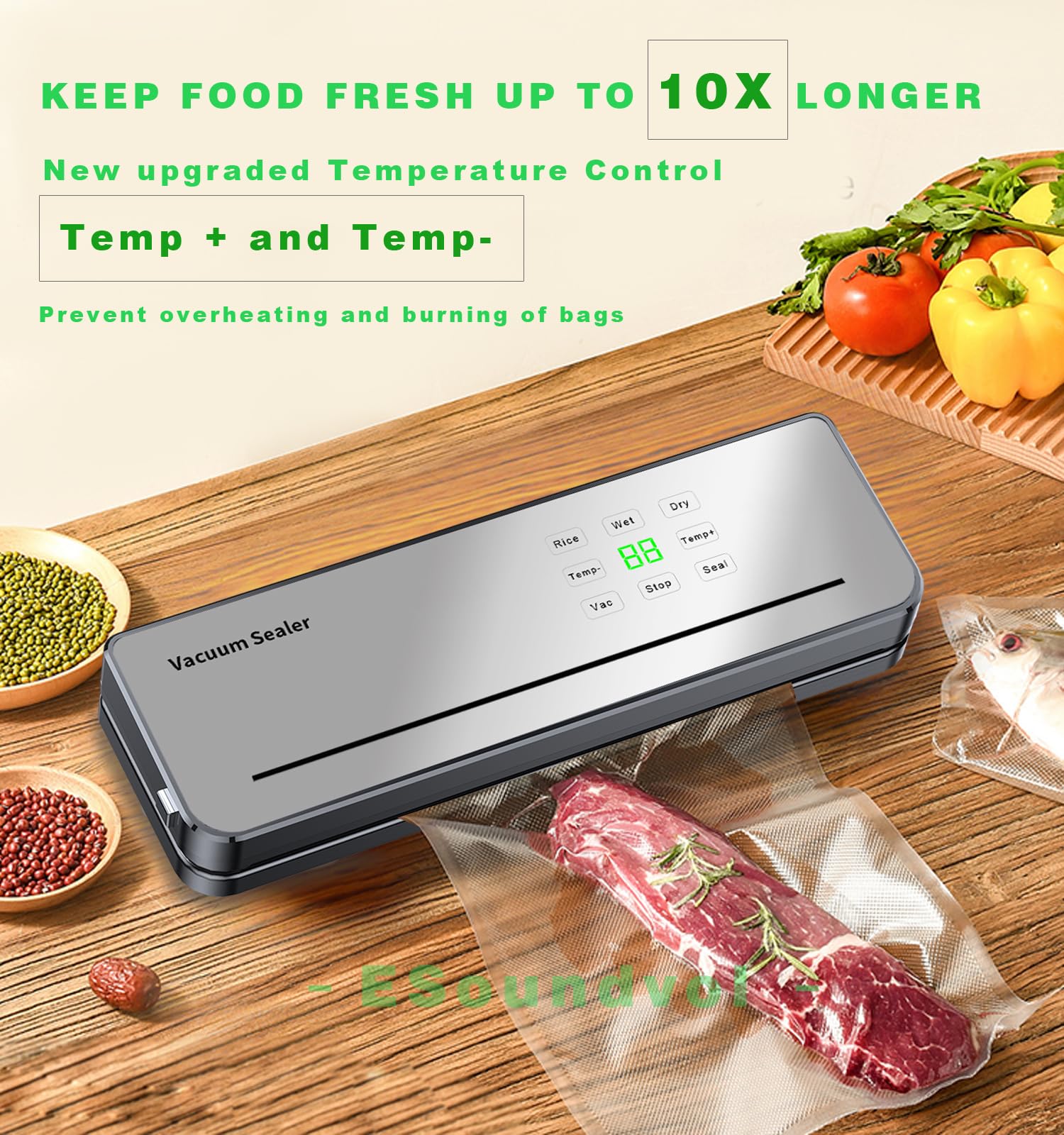 Machine Sous Vide Alimentaire ESoundvol 8 en 1 Avec Contrôle de la Température, Coupe-Aliments Intégré et Affichage LED Visible Pour la Conservation des Aliments Secs et Humides Avec 10 Sacs Sous Vide