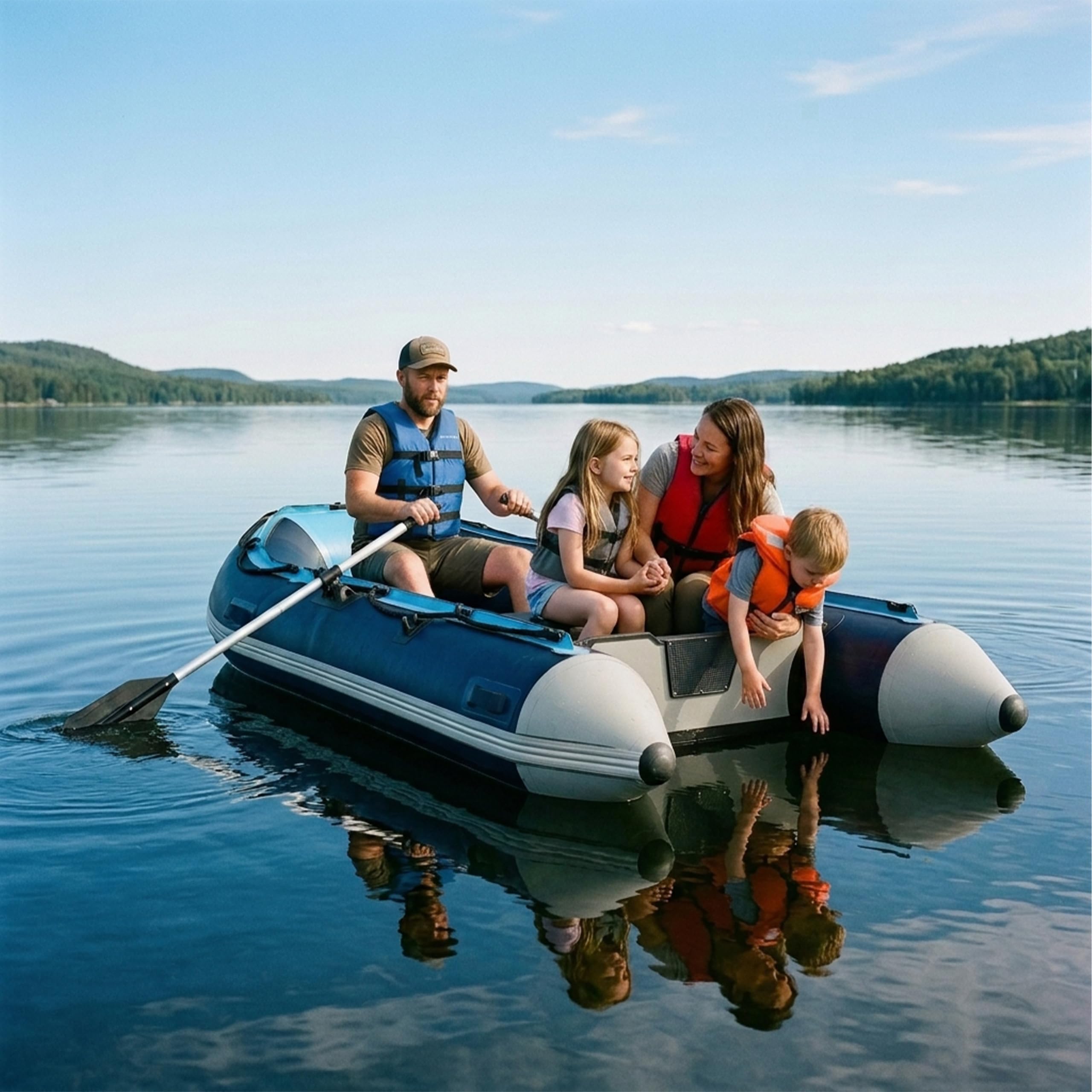 Relaxdays Set Bote Hinchable, 4 Personas, 3,20 m, remos, Bomba & Bolsa, Fondo de Aluminio, para Pesca, Azul y Blanco