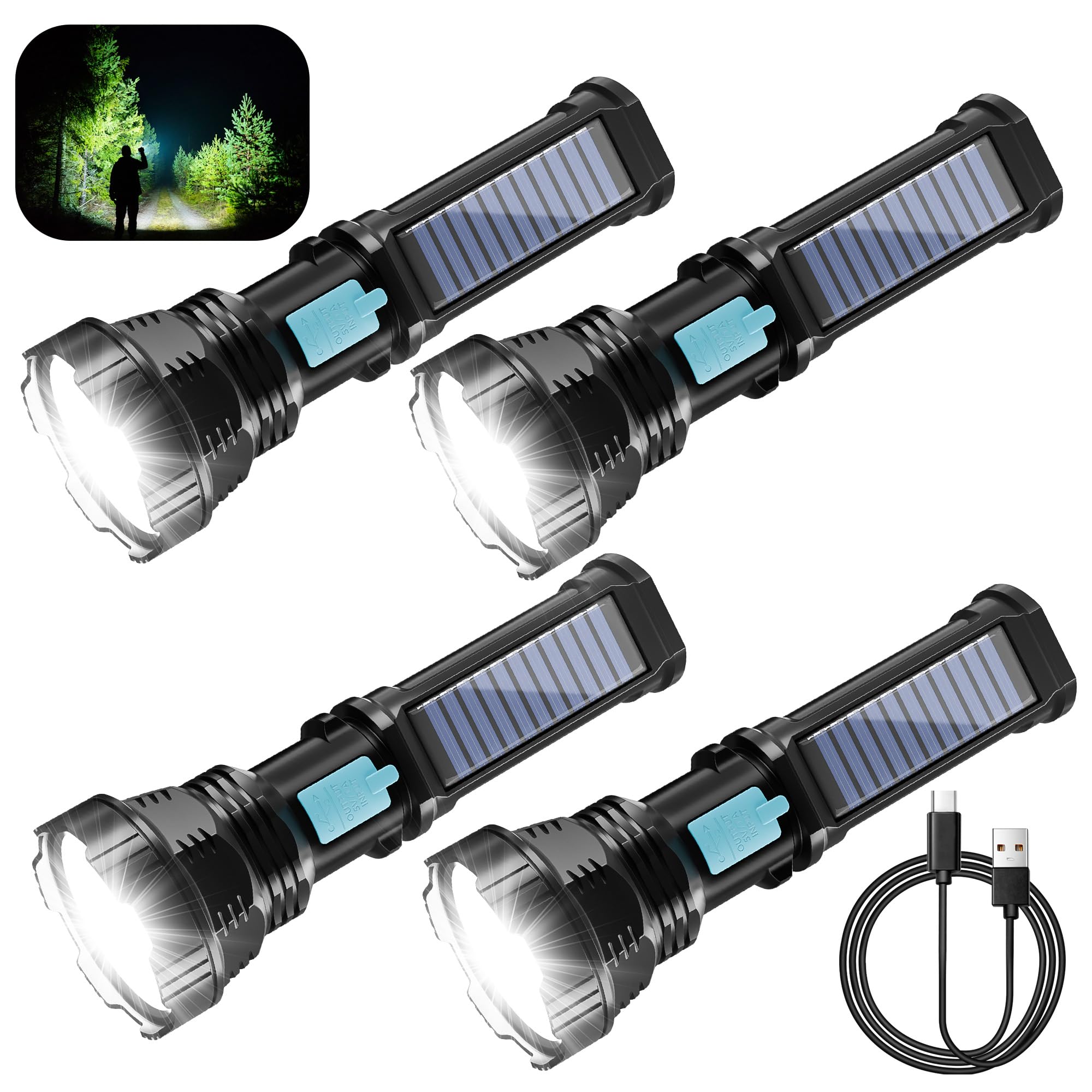 Rumiom Solar/Rechargeable LED Flashlights, Multi Function Flashlight with 2000 mAh Battery, Emergency Strobe Light, Waterproof, Fast USB Charging, Survival Gear and Supplies for Camping, 4 Pack