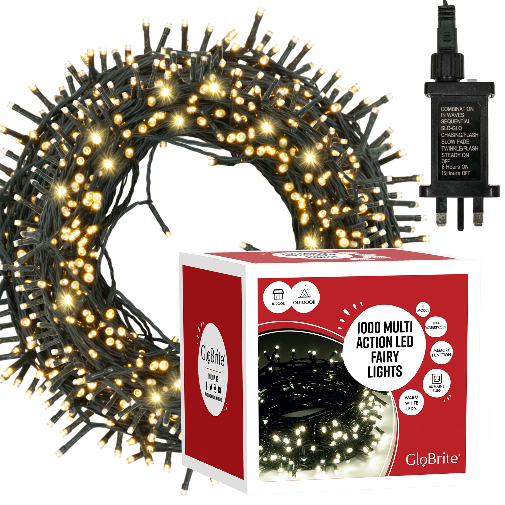 Glovrite White 100 LED Christmas Tree Fairy Lights - 8 Modes