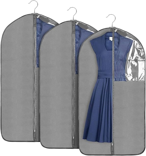 Jorlyen Garment Covers Bag Dustproof Clothes Covers with Zipper, Breathable Waterproof Storage Bag for Long Dress Covers with Clear Window, Suit Protector Covers Bag for Men Women 3pcs 109 * 60cm