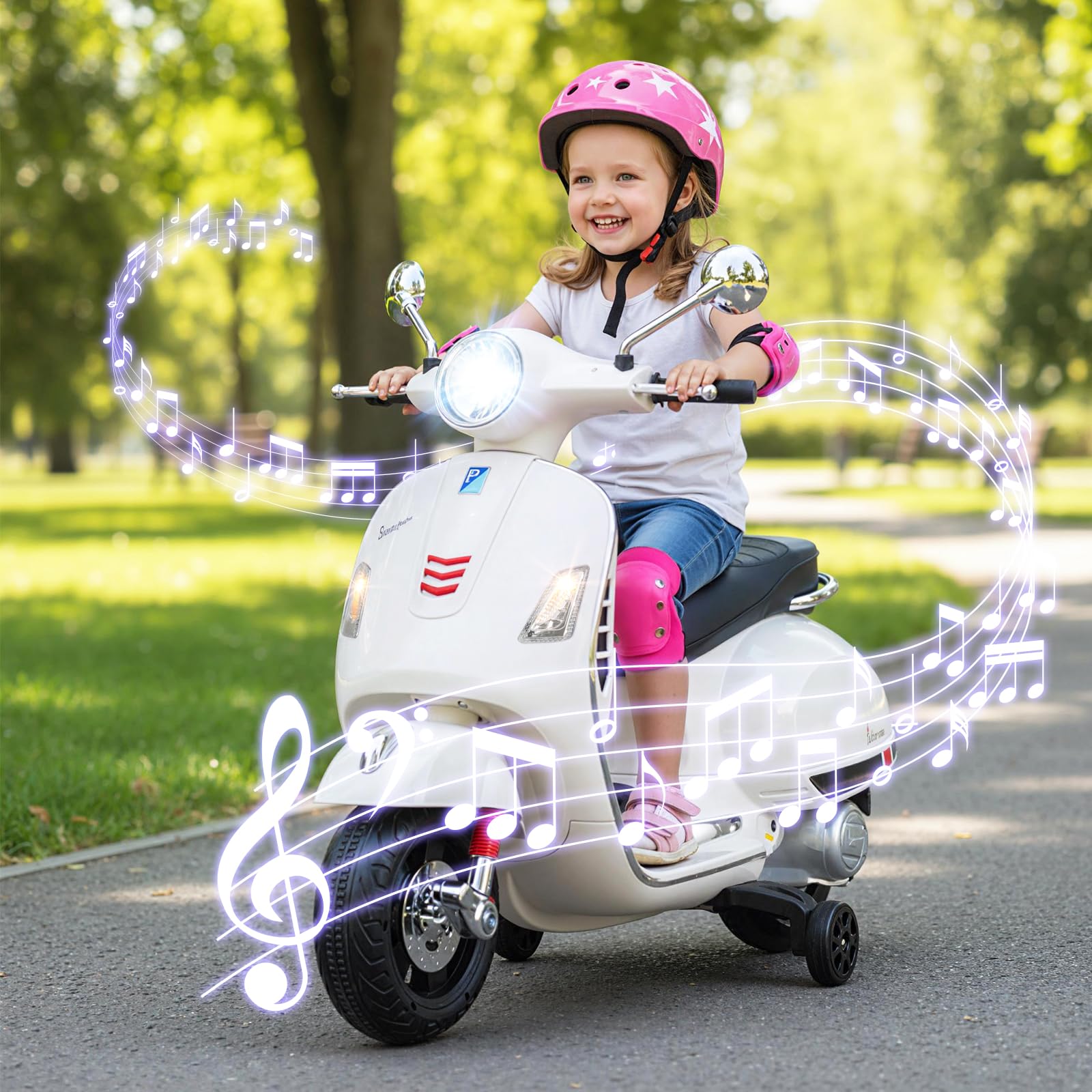 COSTWAY Kinder Motorrad Elektrisch, Vespa 12V Motorrad mit LED-Scheinwerfer & Hupe, 2-3 km/h Elektro Kindermotorrad mit Stützrädern, Elektrofahrzeug für Jungen & Mädchen von 3-6 Jahren (Weiß)