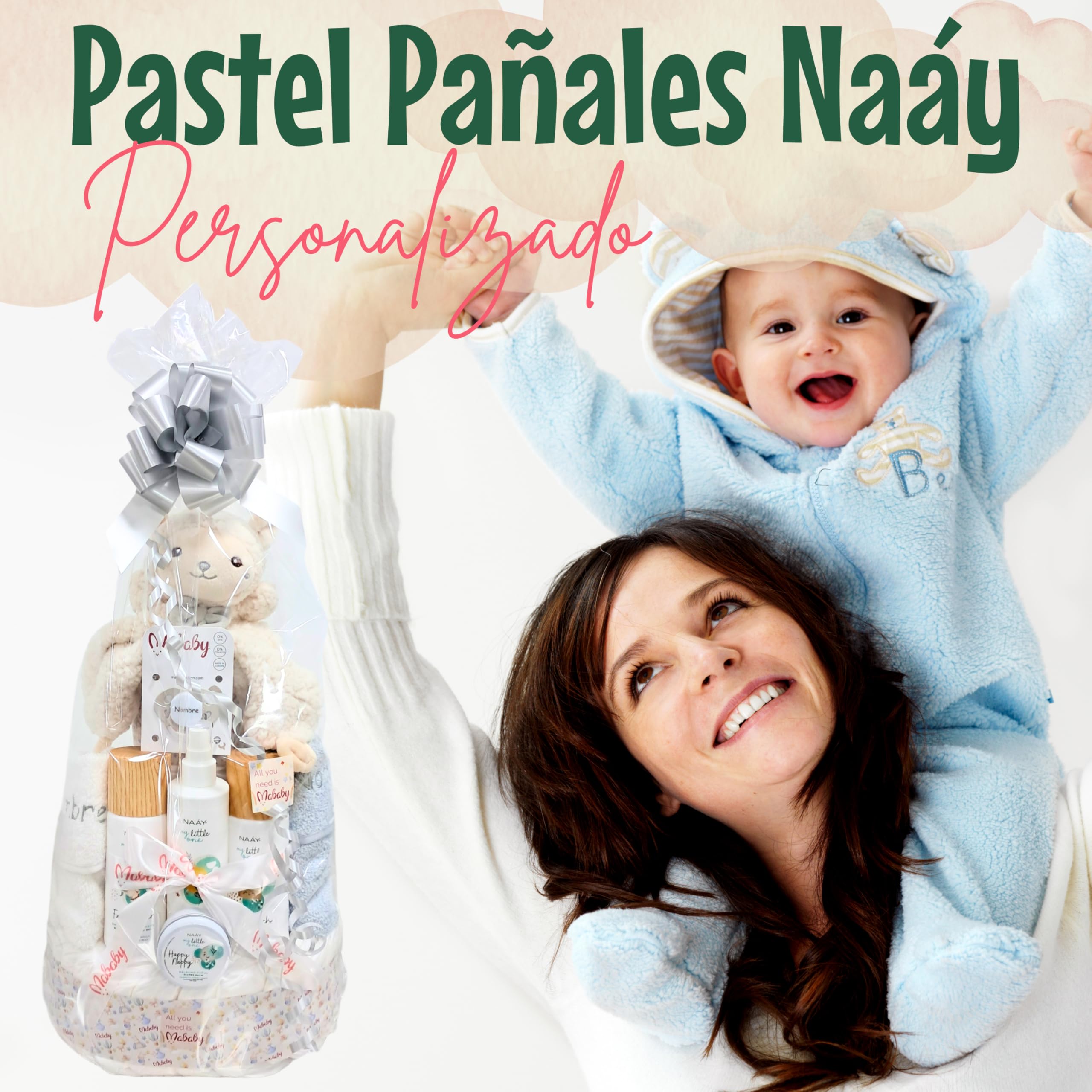 Naáy - Tarta de Pañales Personalizada con Pañales Talla 2, Set de Cosmética Eco, Dou Dou, Chupete y Toallas Bordadas con el Nombre del Bebé (Azul)