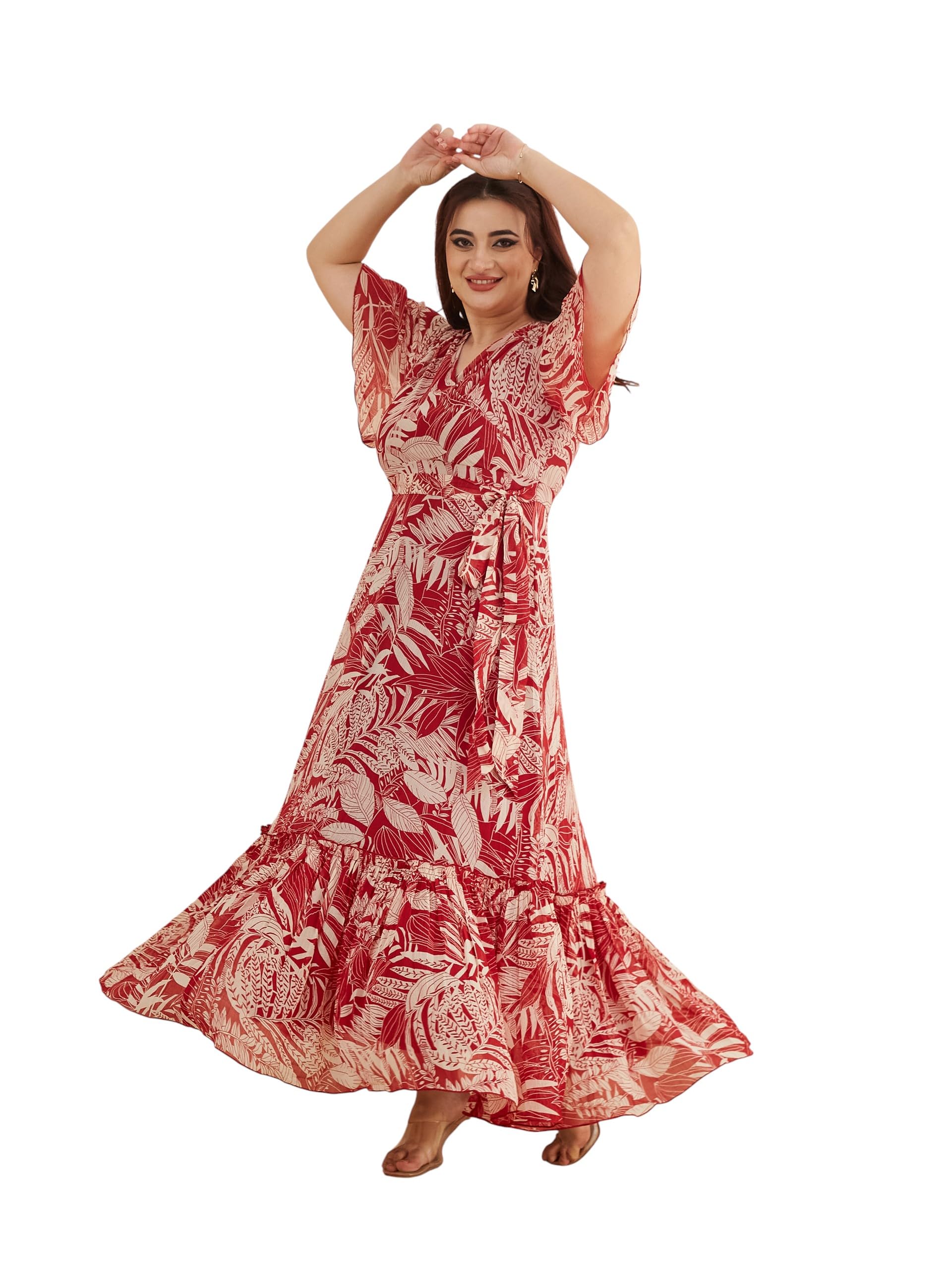 miss chase a+ Women's Floral Wrap Chiffon Maxi Dress with Flutter Sleeves Frilled Hem-picture-26