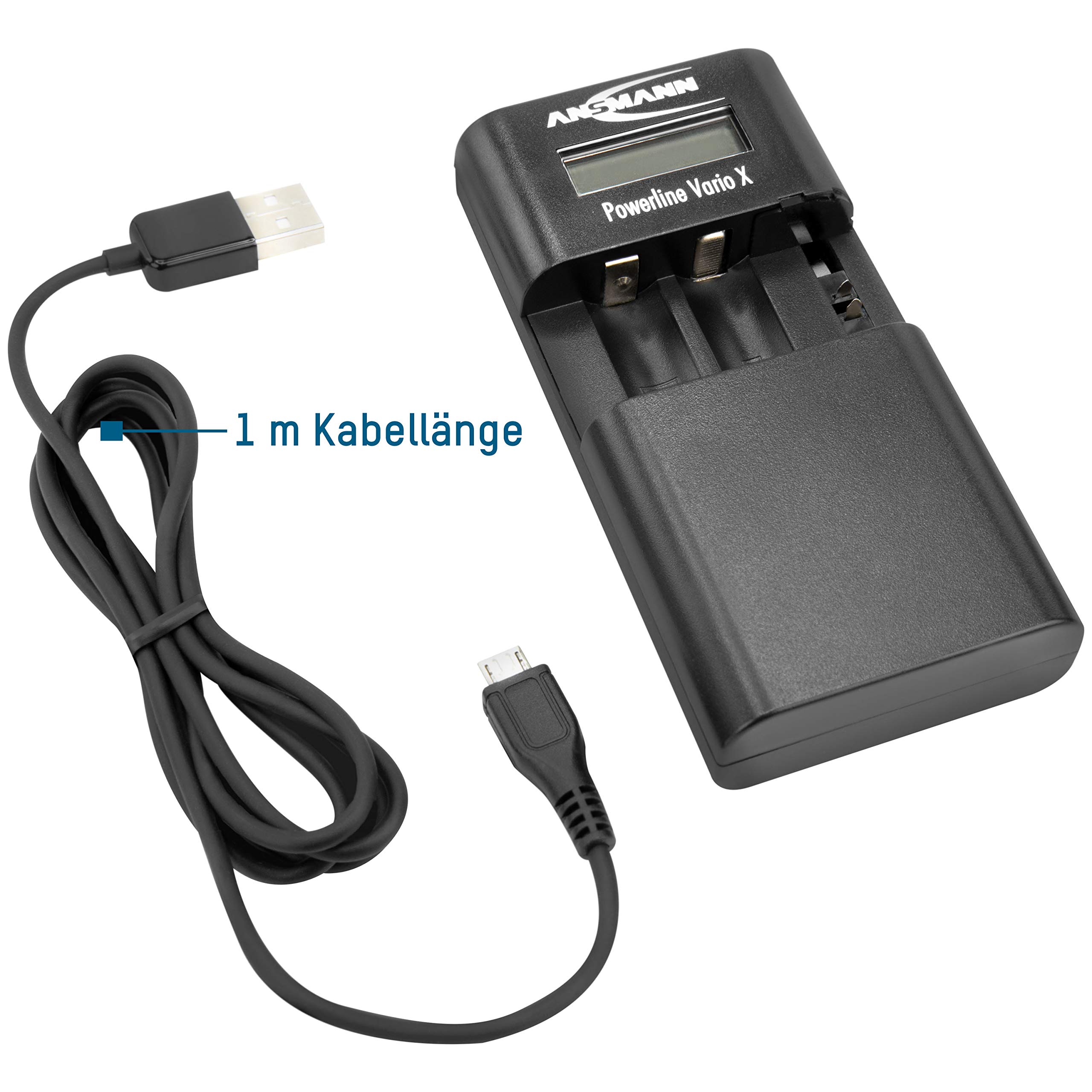 ANSMANN Powerline Vario X - Caricabatteria per fotocamera in batteria agli ioni di litio, LiPo, NiMH o 2 batterie mignon AA o 2 micro AAA, altezza regolabile del vano di ricarica
