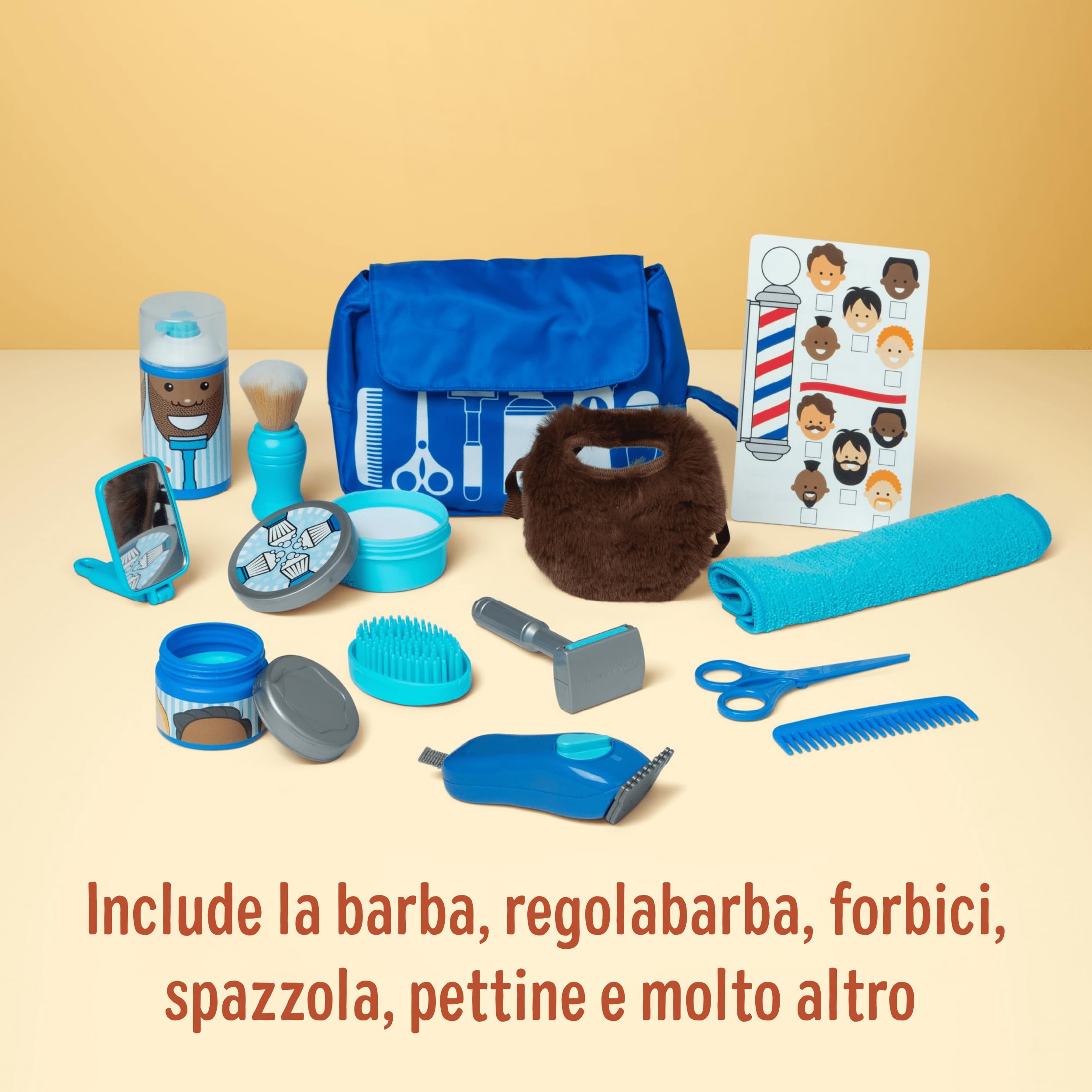 Melissa & Doug Set Piccoli Barbieri - Gioco per Fare il Parrucchiere con Rasoio e Barba Regolabile, Gioco Educativo, Giochi di Imitazione Montessori, Regalo per Bambini e Bambine, 3+ Anni