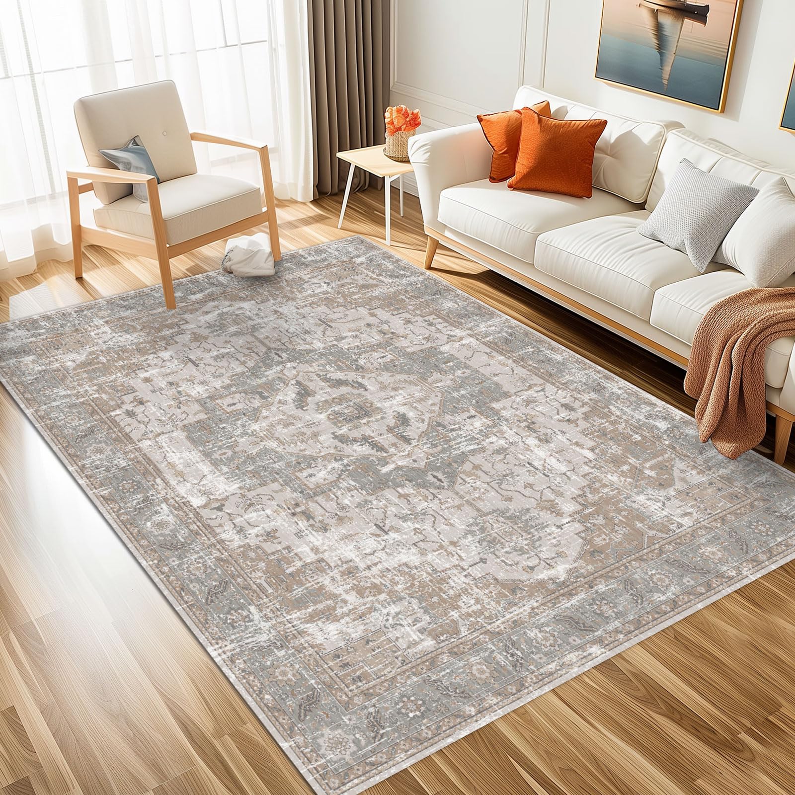 Photo 1 of Living Room Area Rugs Boho Washable Vintage Taupe Dusty Blue 8x10 Neutral Modern Non Slip Carpet for Nursery Dining Room Bedroom Farmhouse