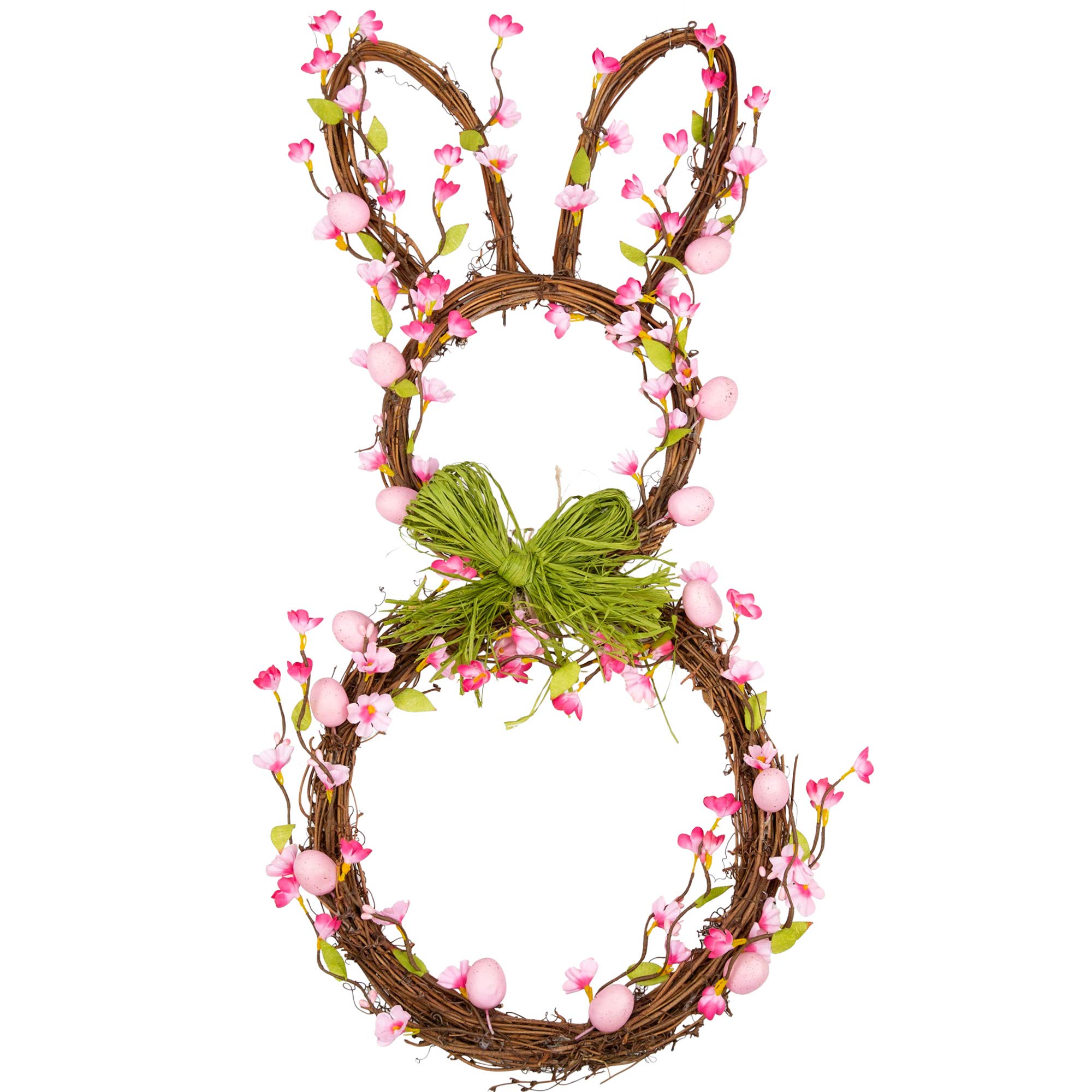 27 Inch Artificial Easter Wreath Spring Wreath for Front Door with Pink Eggs and Flowers Bunny Wreath with Green Bow for Easter Decorations