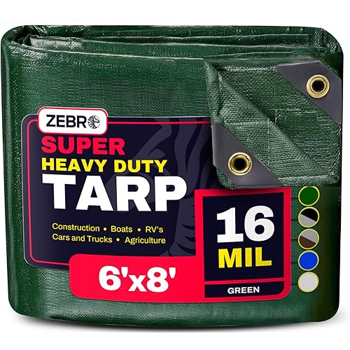 6' x 8' Green Heavy Duty Tarp with Grommets Reinforced - 16 Mil Thick - Double Sided Plastic Tarps Waterproof - Large Tarpaulin Cover for Outdoor Camping Over/Under Tent Tarp RV Roof Rain - Zebro