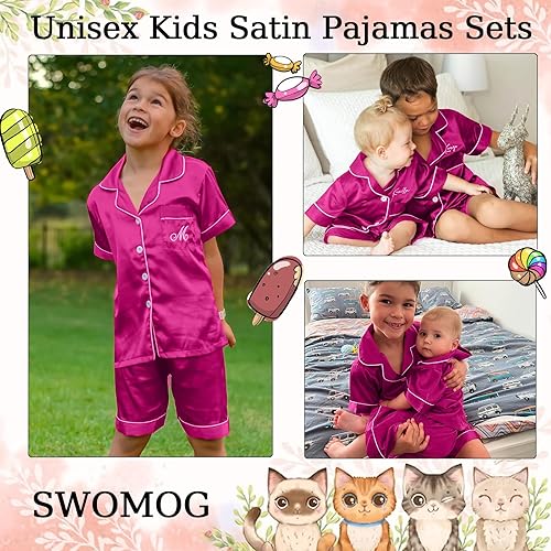 Miniatura 4 de SWOMOG Conjunto de pijama unisex de satén de seda para niños y niñas, conjunto de pijama con botones, ropa de dormir de manga corta, 2 piezas