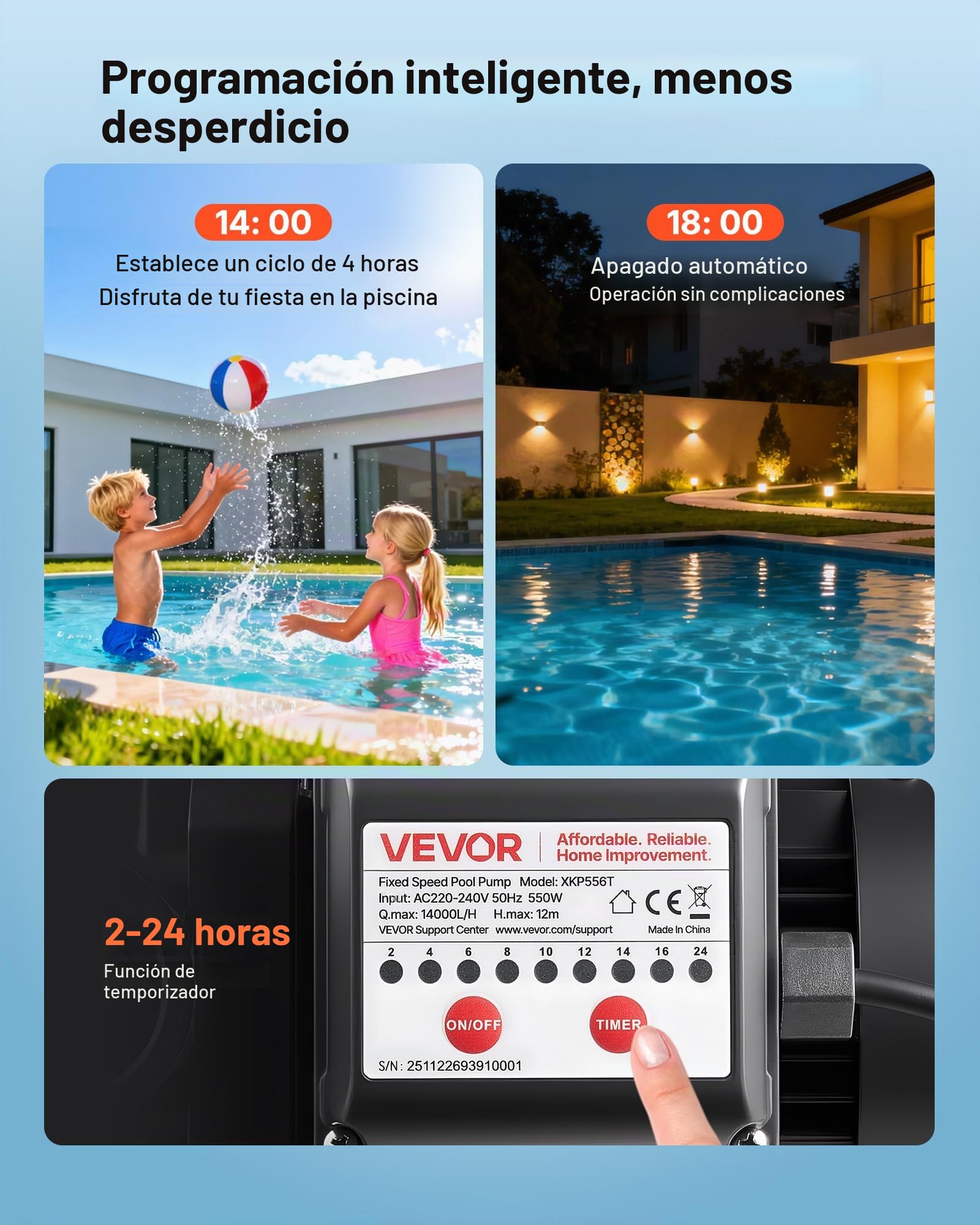 VEVOR Bomba para Piscina 550 W Caudal Máximo de 14000 L/H Bomba de Filtración para Piscina de Una Sola Velocidad, CA 220-240 V, Altura de Elevación Máxima de 12 m, con Temporizador de 24 Horas