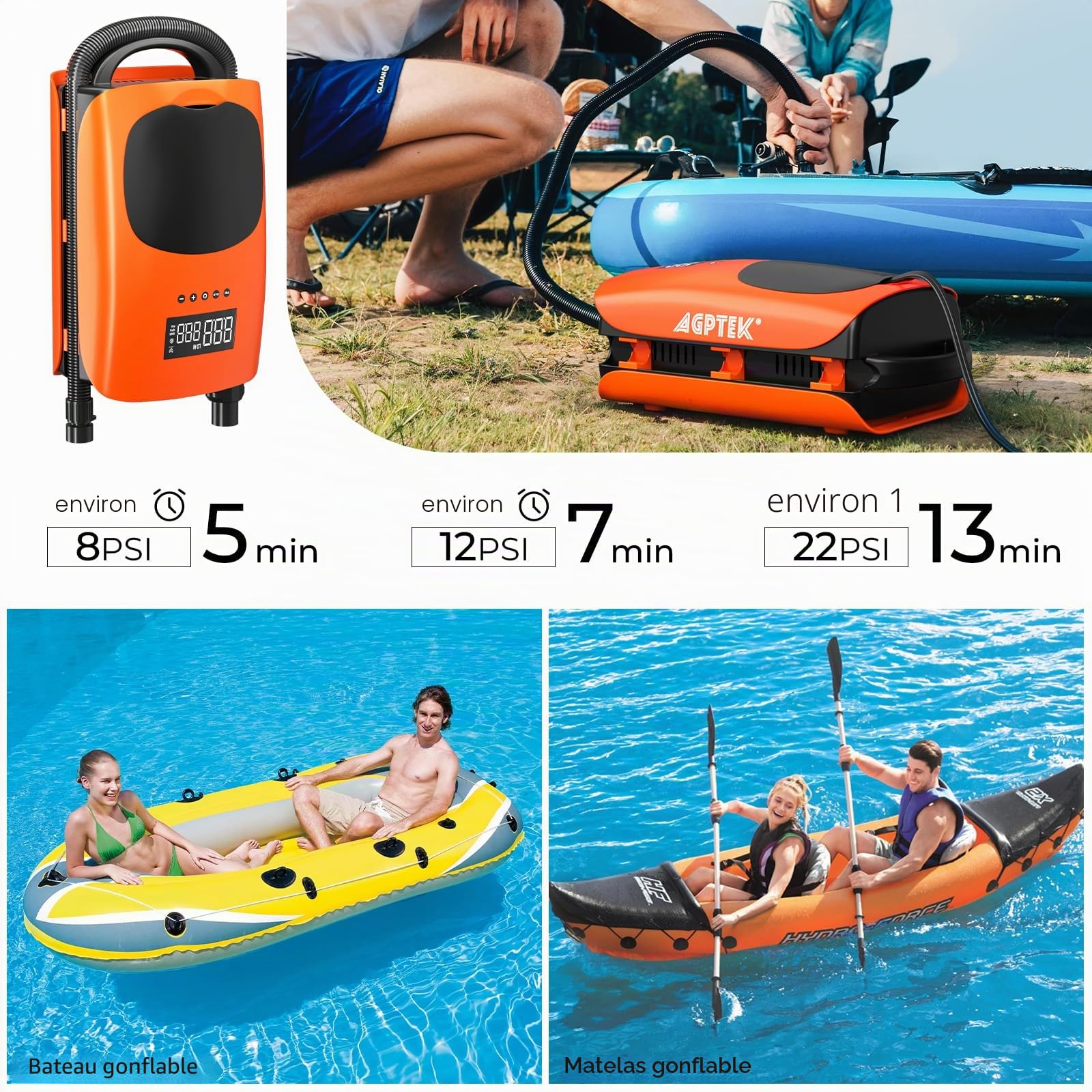 AGPTEK Pompe à air Rechargeable Auto-Off, 22 PSI 12 V Pompe à air électrique numérique, Pompe Portable pour Paddleboard Gonflable, Matelas, Piscine Gonflable, tentes et Bateaux gonflables