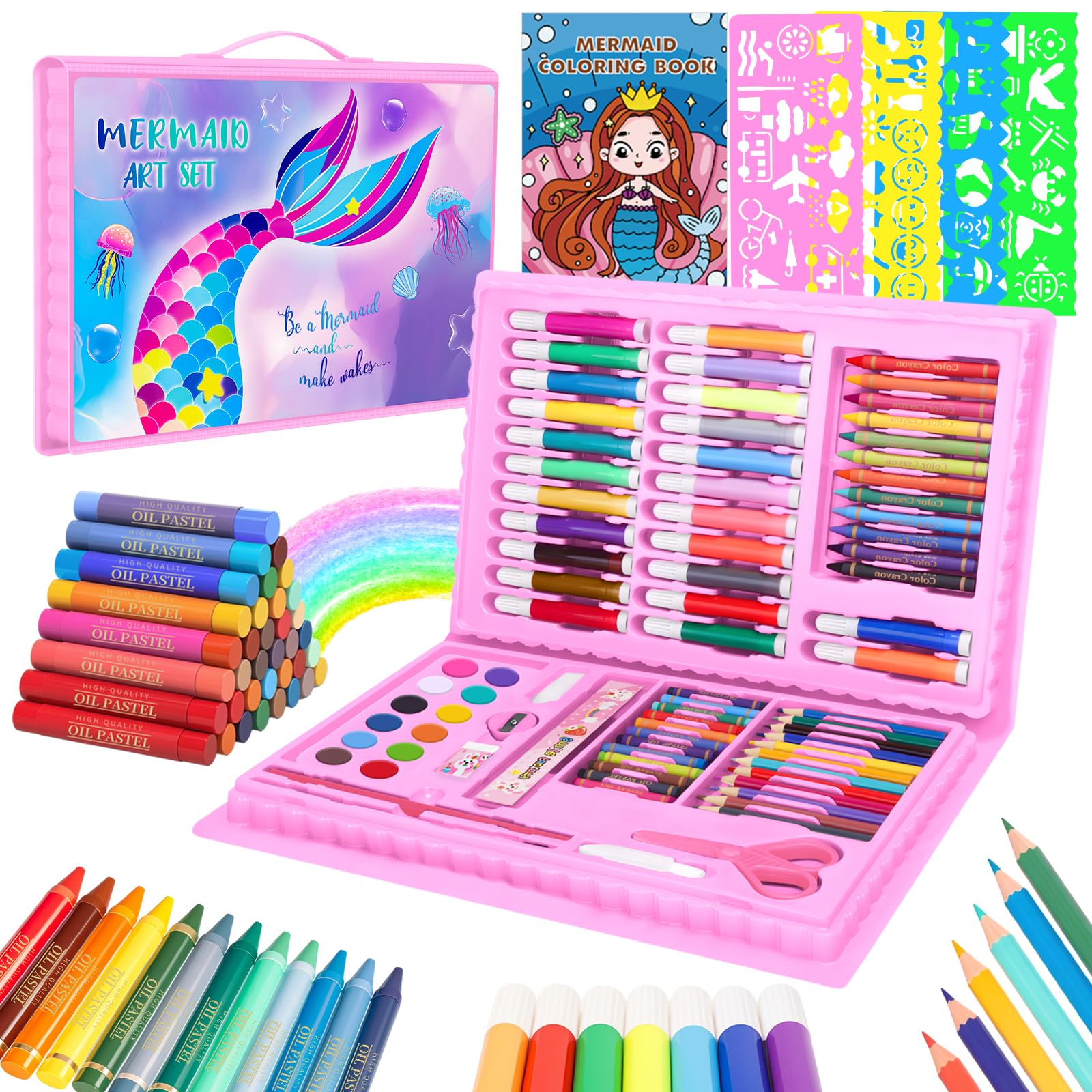 homicozy Art Supplies, Mermaid Drawing & Coloring Set with Crayons, Colored Pencils, Markers, Sketchbook, Watercolor Cakes, Stencils, Arts and Crafts Painting Kit for Kids Ages 4-10, Girls Boys Gift